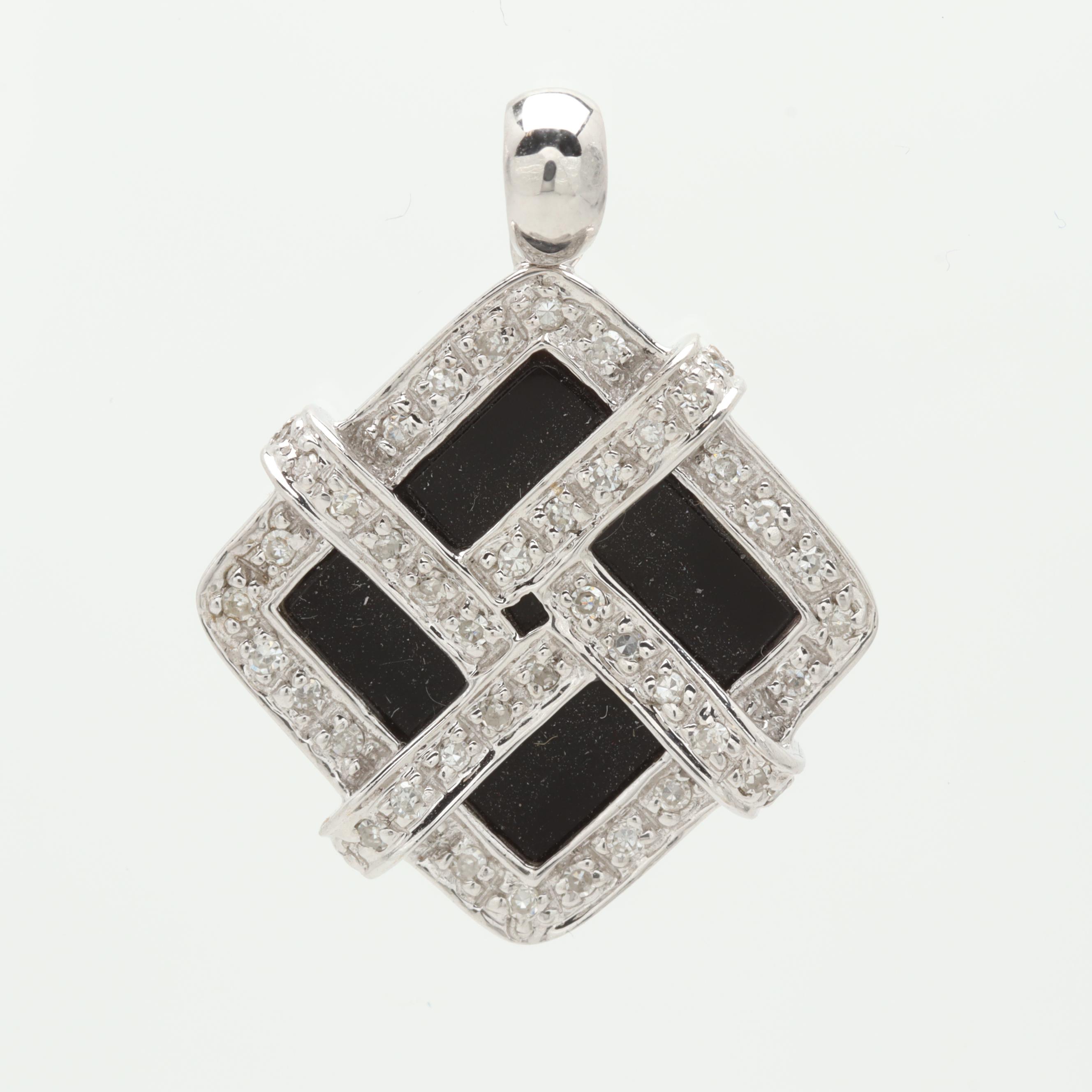 14K White Gold Black Onyx and Diamond Pendant