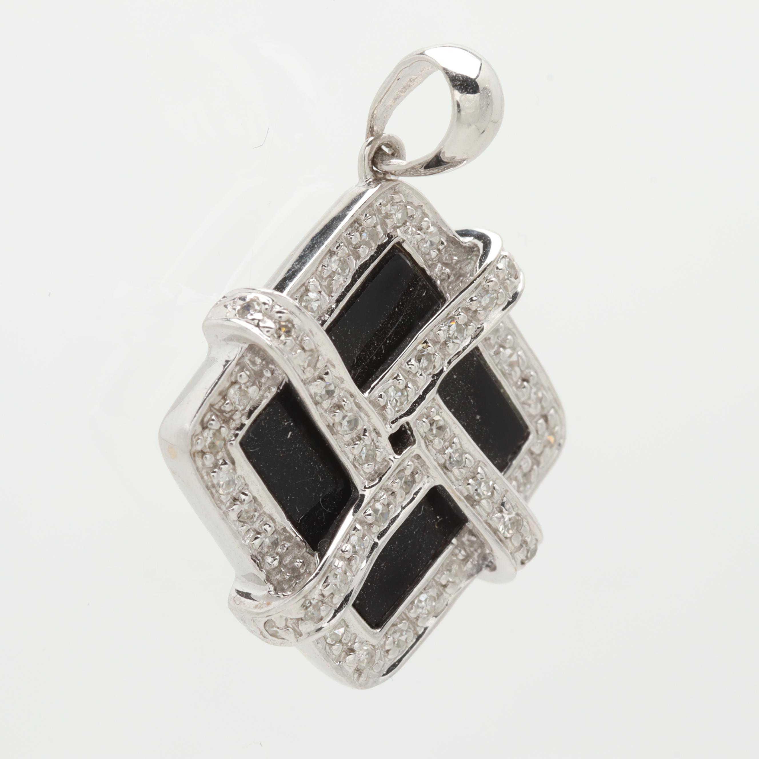 14K White Gold Black Onyx and Diamond Pendant