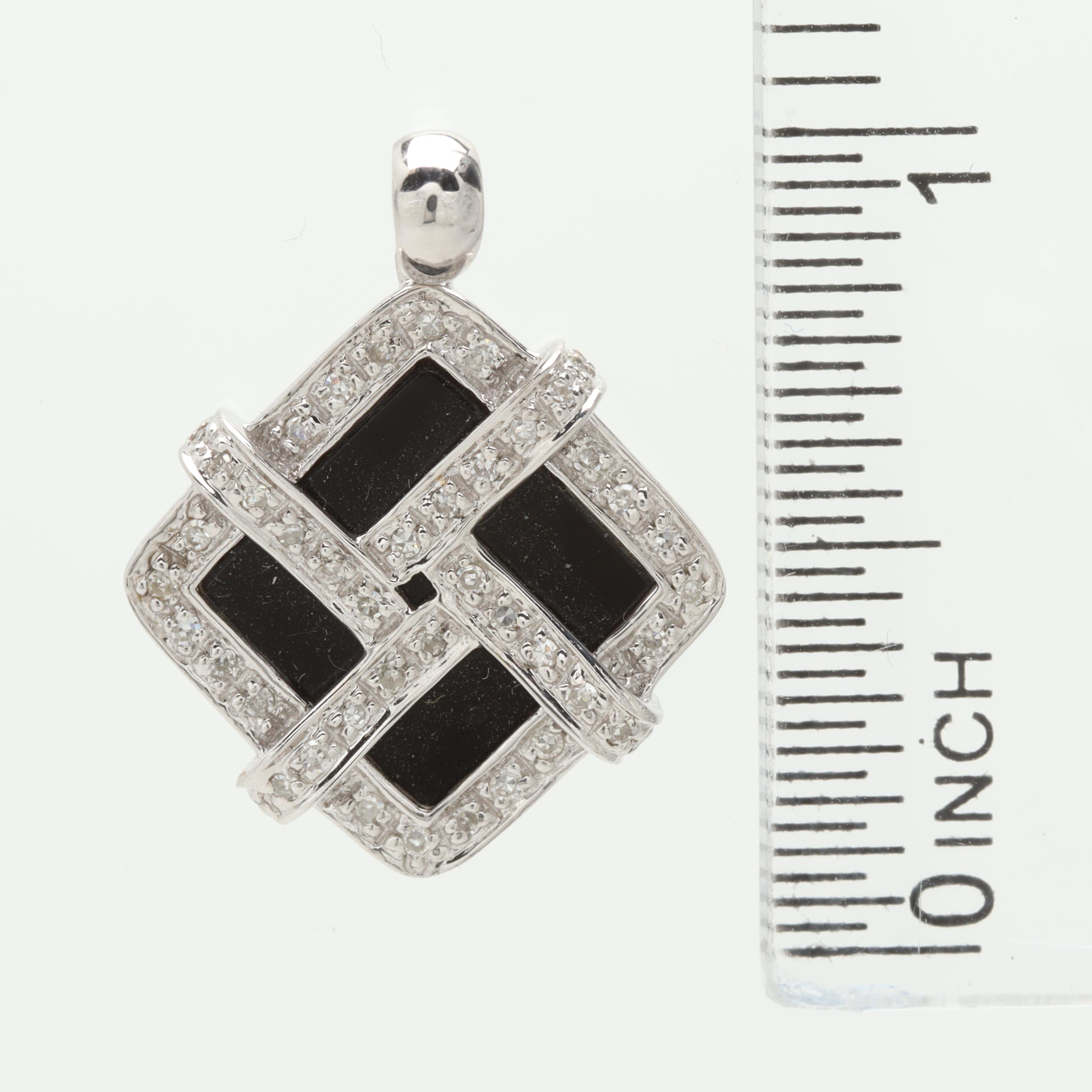 14K White Gold Black Onyx and Diamond Pendant