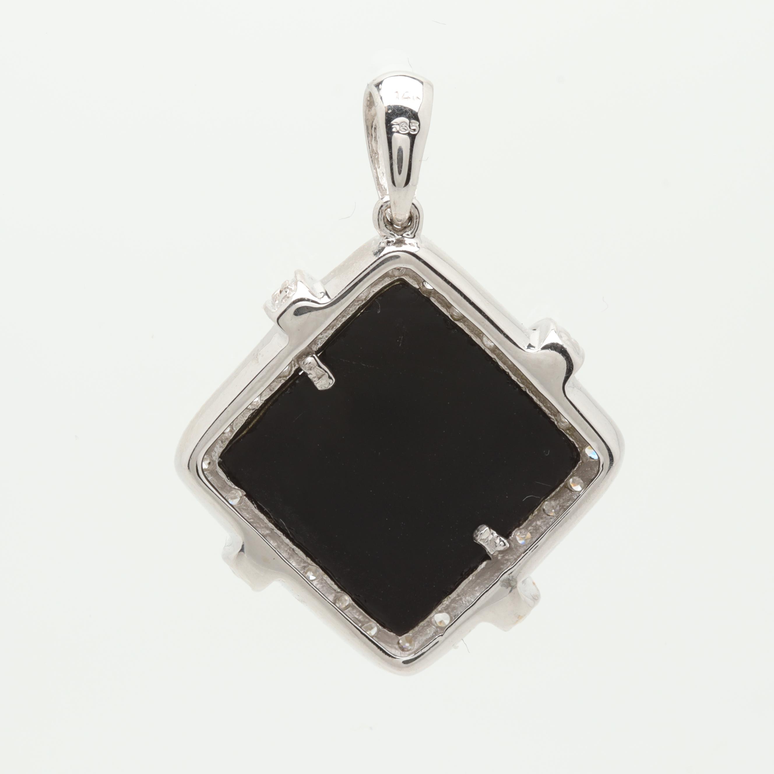 14K White Gold Black Onyx and Diamond Pendant