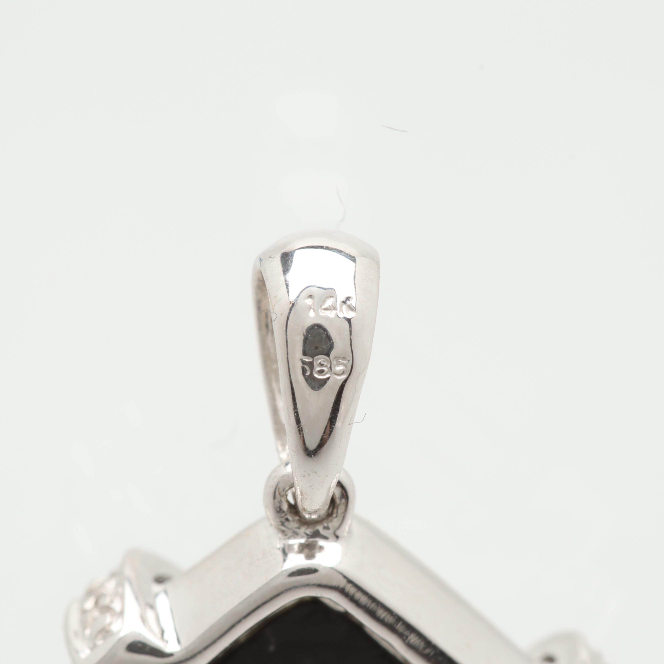 14K White Gold Black Onyx and Diamond Pendant