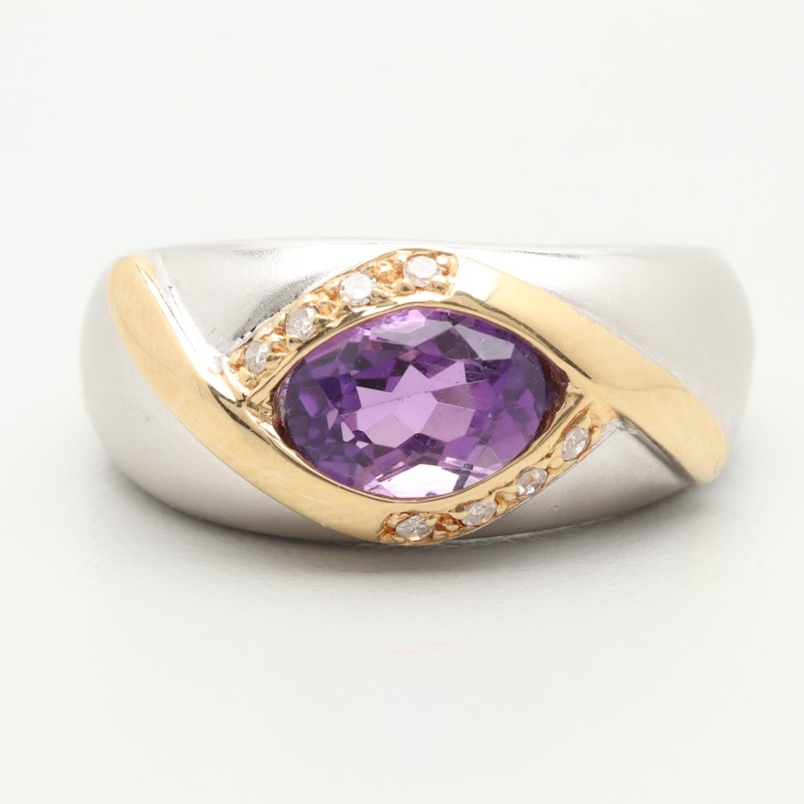 14K White Gold Amethyst and Diamond Ring with Yellow Gold Accents