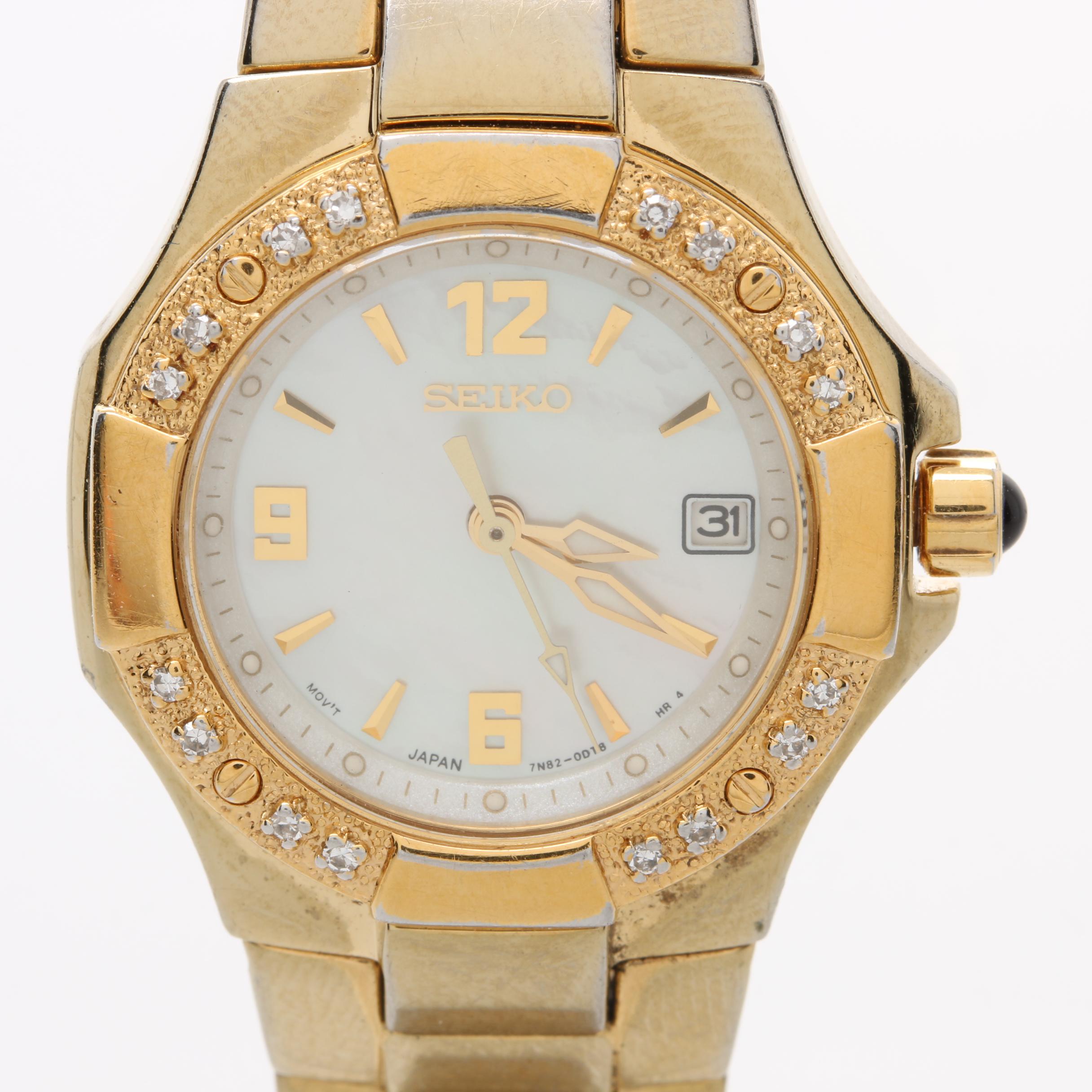 Seiko Stainless Steel Mother of Pearl and Diamond Analog Watch