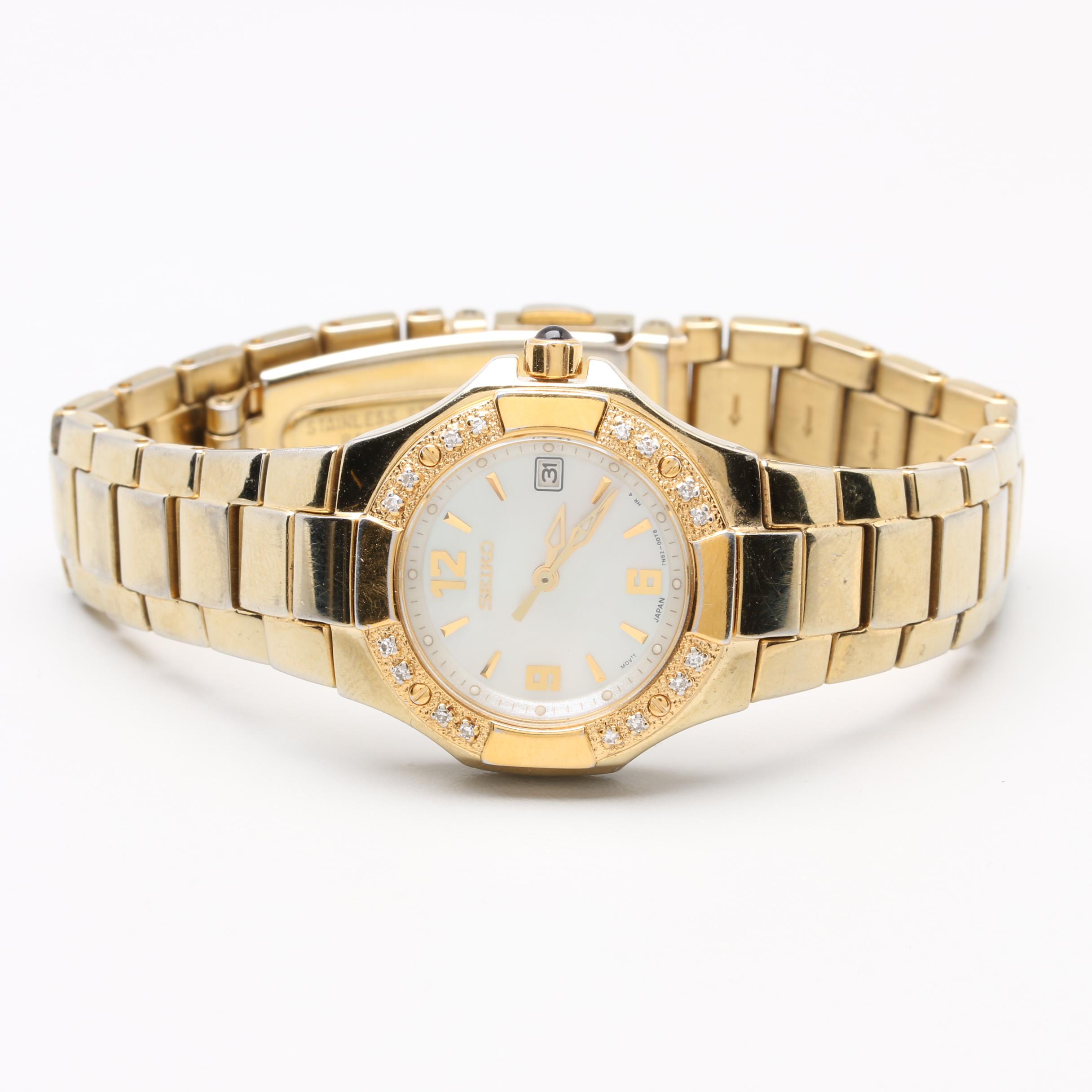Seiko Stainless Steel Mother of Pearl and Diamond Analog Watch