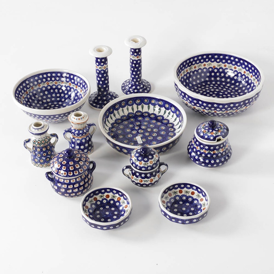 Boleslawiec Hand-Painted Polish Pottery Serving Pieces and Canisters