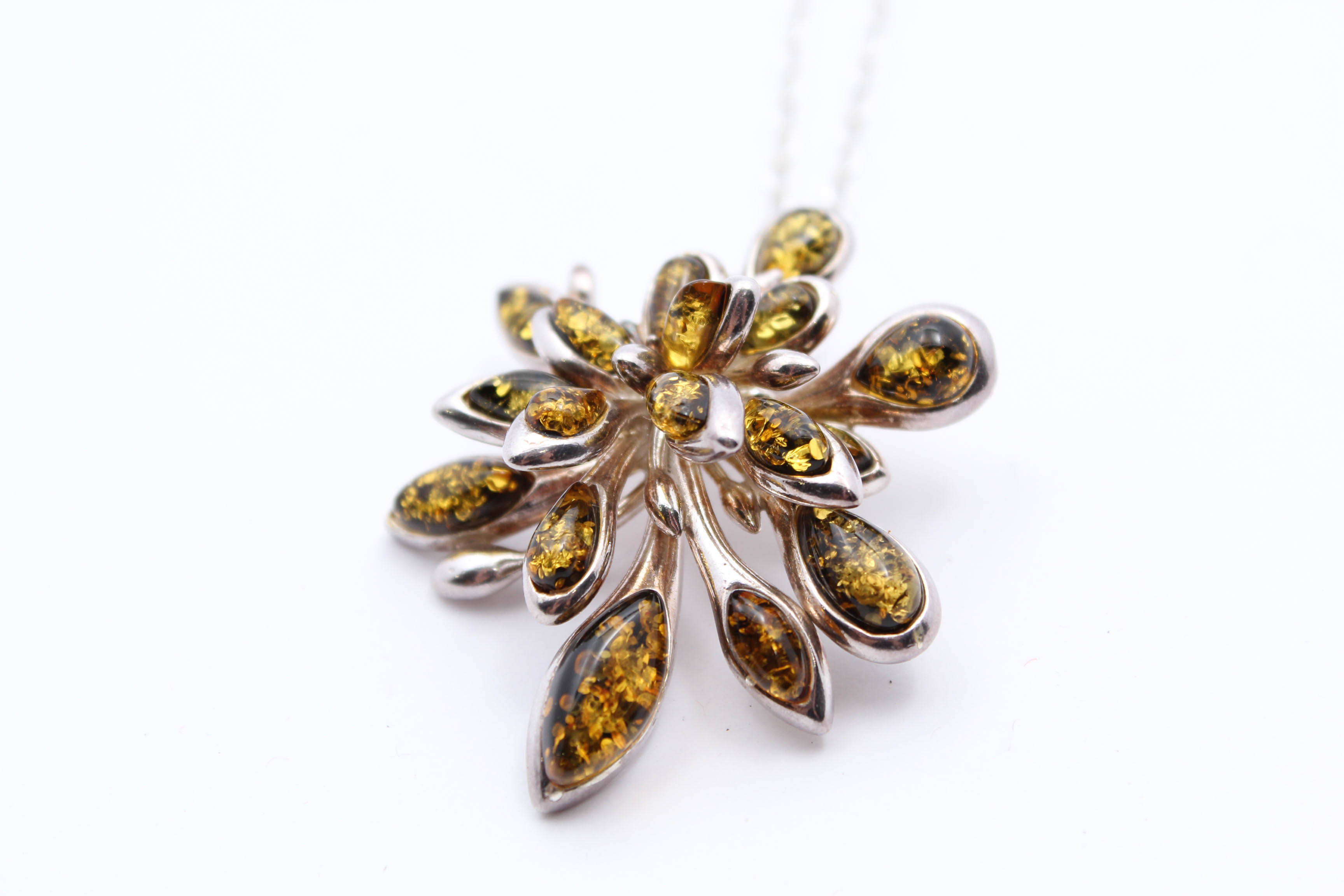 Sterling Silver Floral Pendant Necklace with Imitation Amber