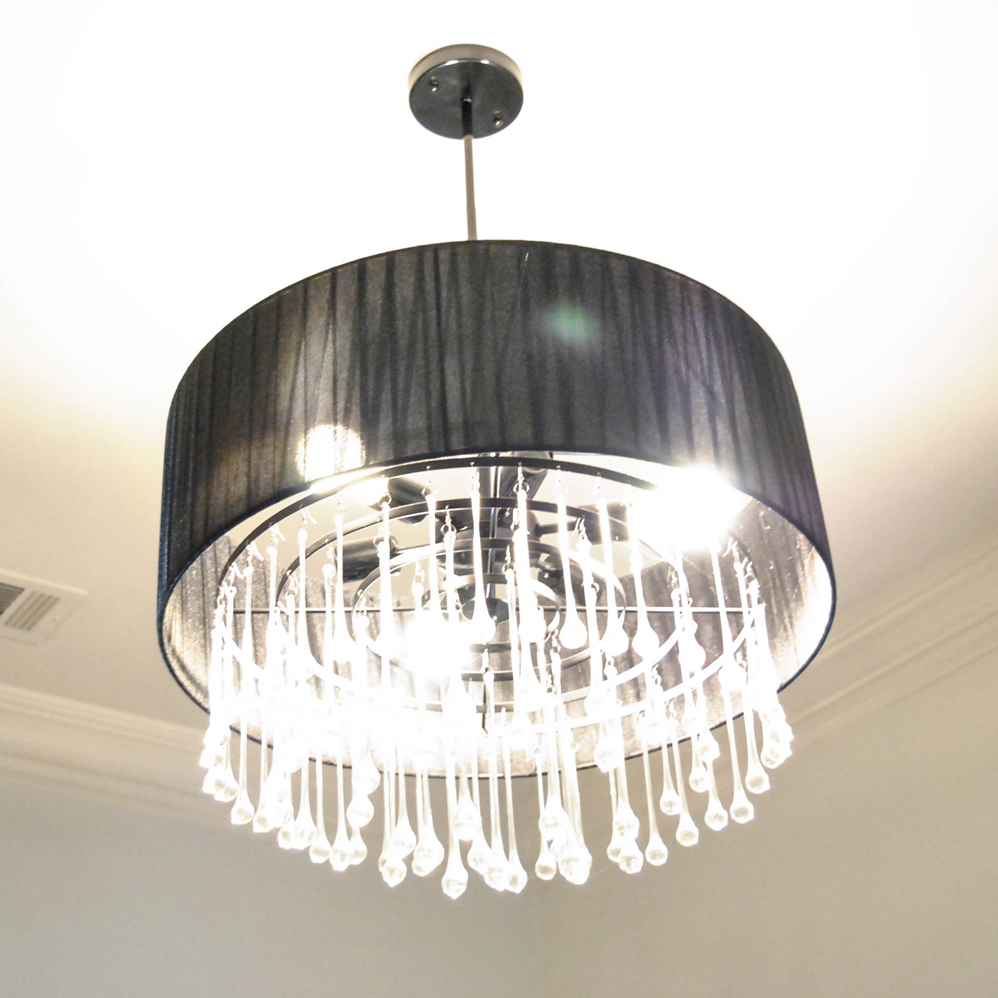 Drum Chandelier with Teardrop Prisms and Black Fabric Shade