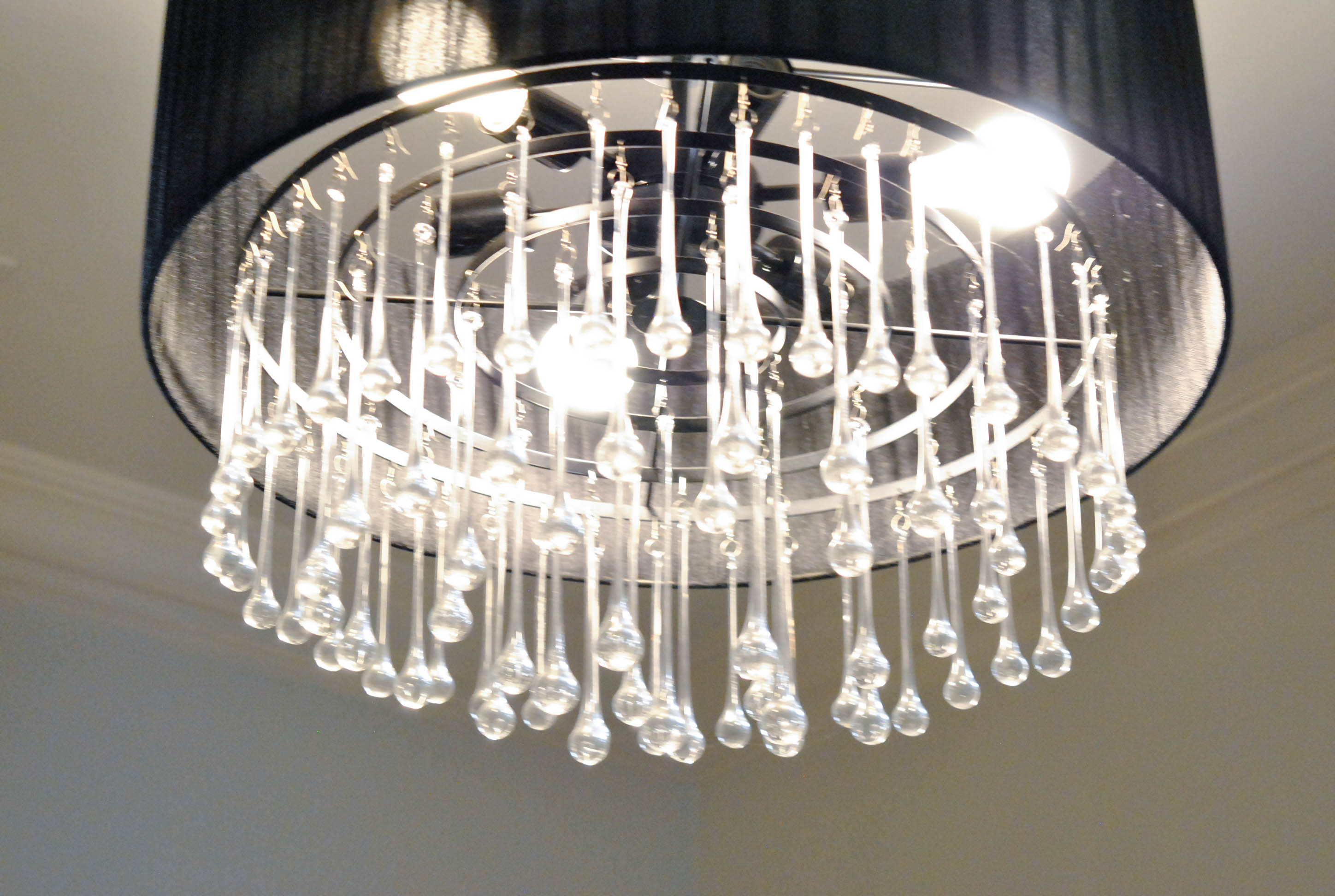 Drum Chandelier with Teardrop Prisms and Black Fabric Shade