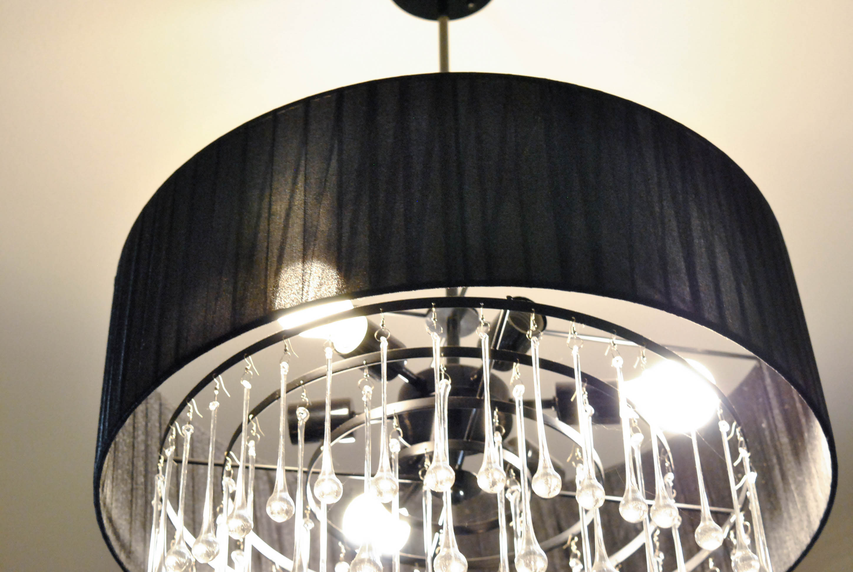 Drum Chandelier with Teardrop Prisms and Black Fabric Shade