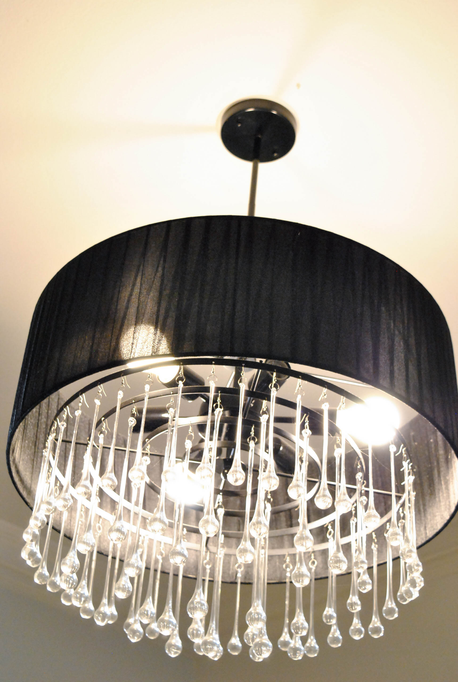 Drum Chandelier with Teardrop Prisms and Black Fabric Shade