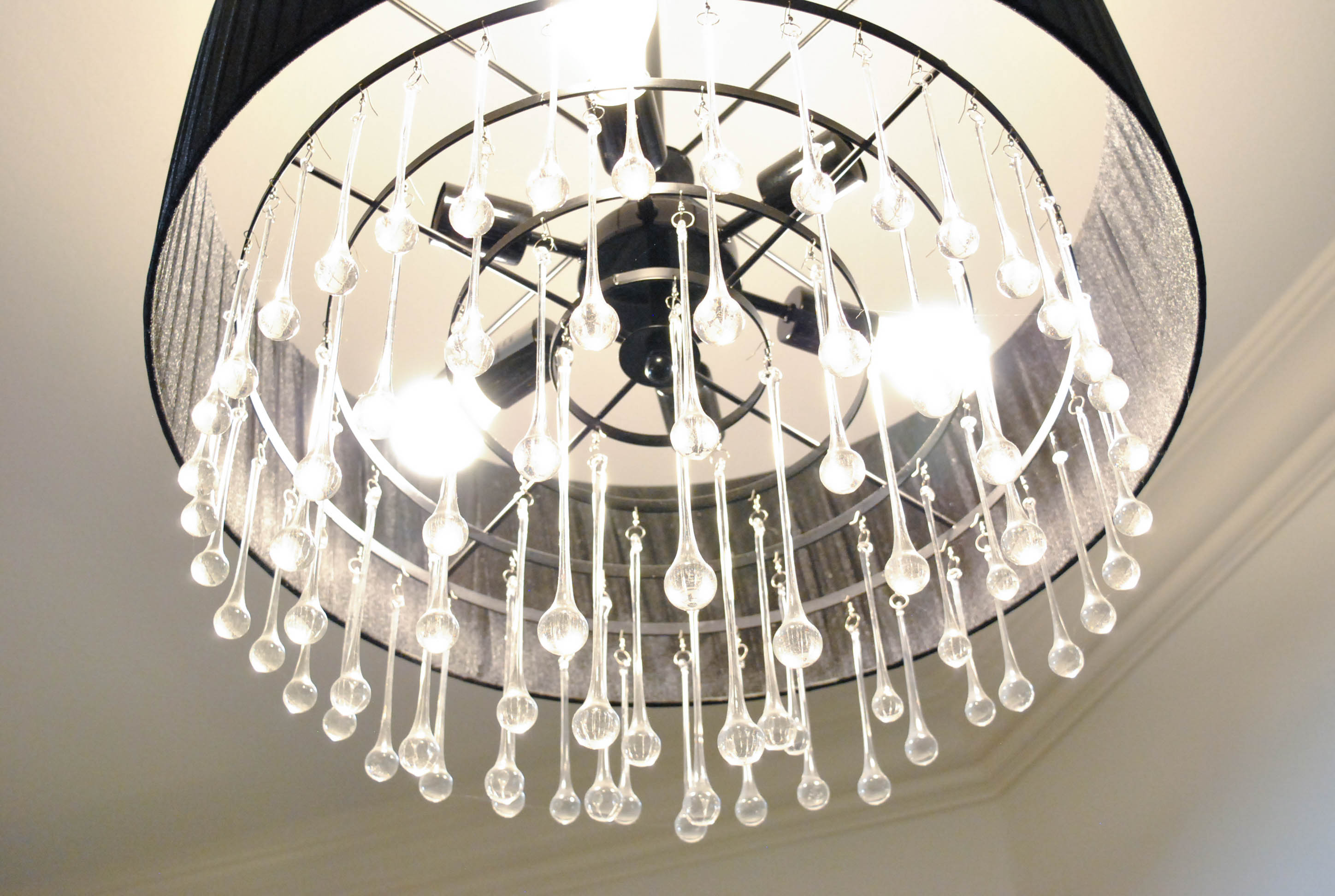 Drum Chandelier with Teardrop Prisms and Black Fabric Shade