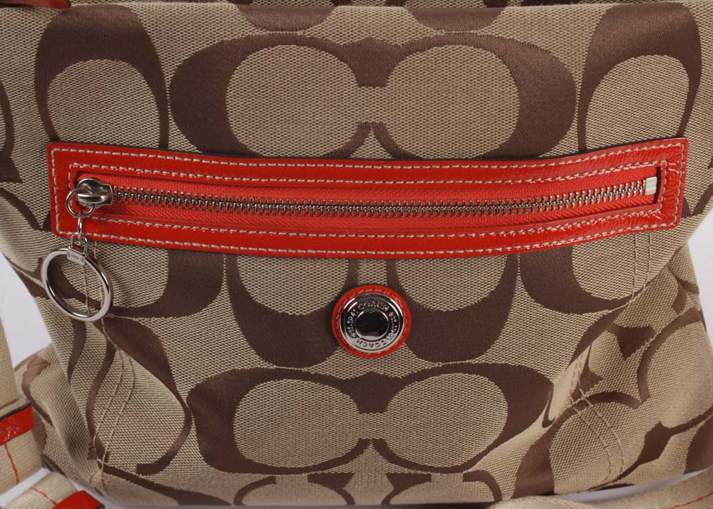 Coach Monogram Canvas and Orange Patent Leather Messenger Crossbody Bag