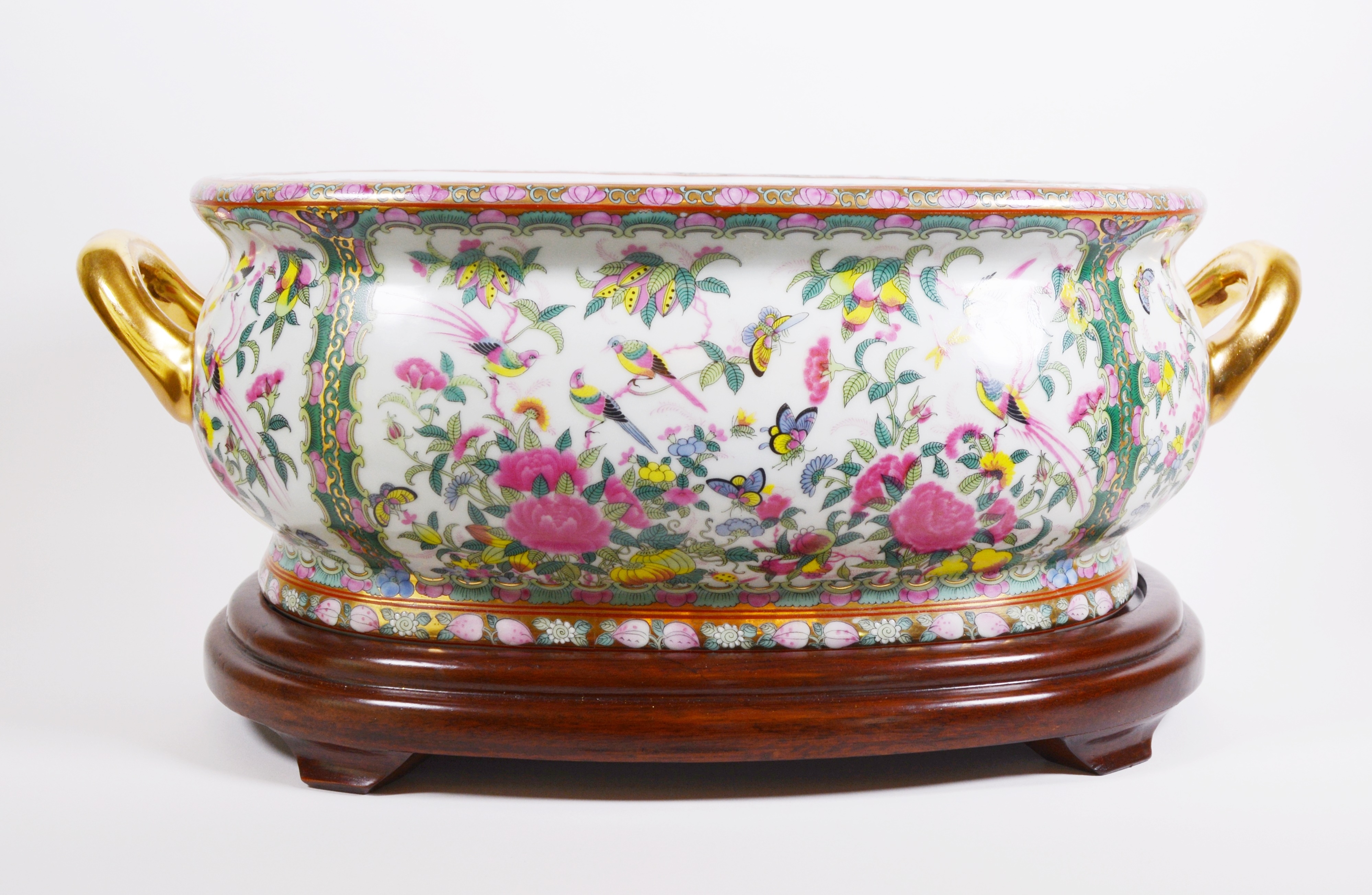 Chinese "Rose Canton" Style Porcelain Footbath on Wood Stand