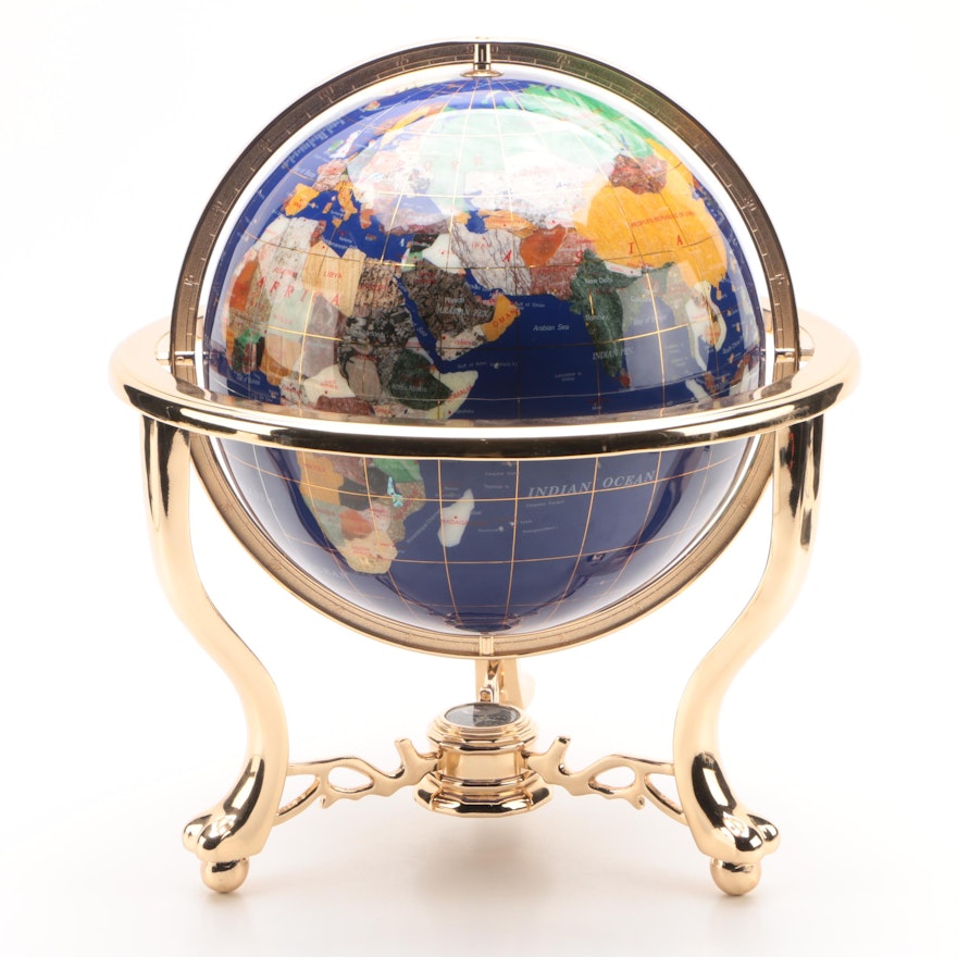 Gemstone Inlaid Globe on Brass Base