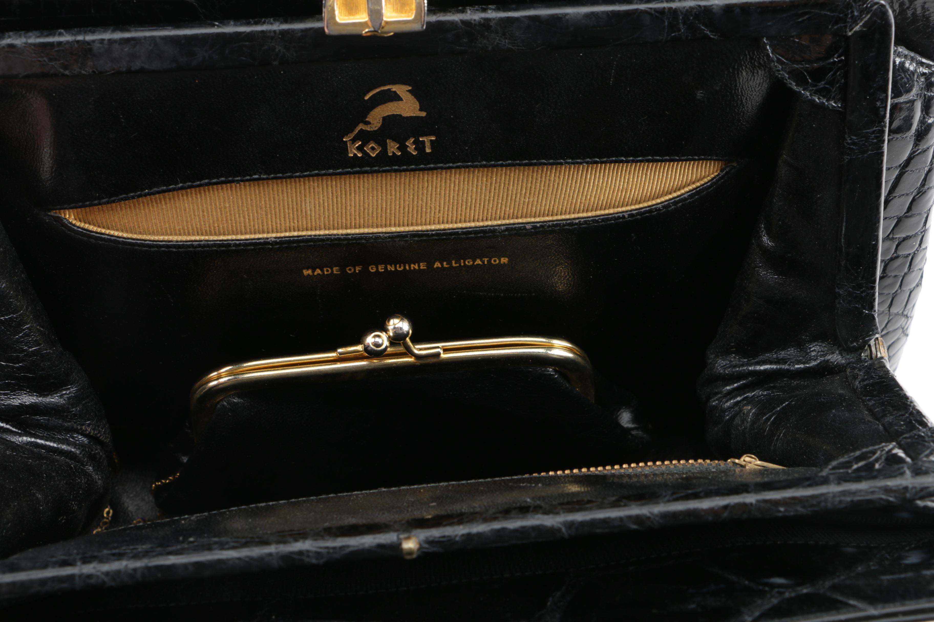 1950s Vintage Koret Black Alligator Skin Handbag and Leather Coin Purse