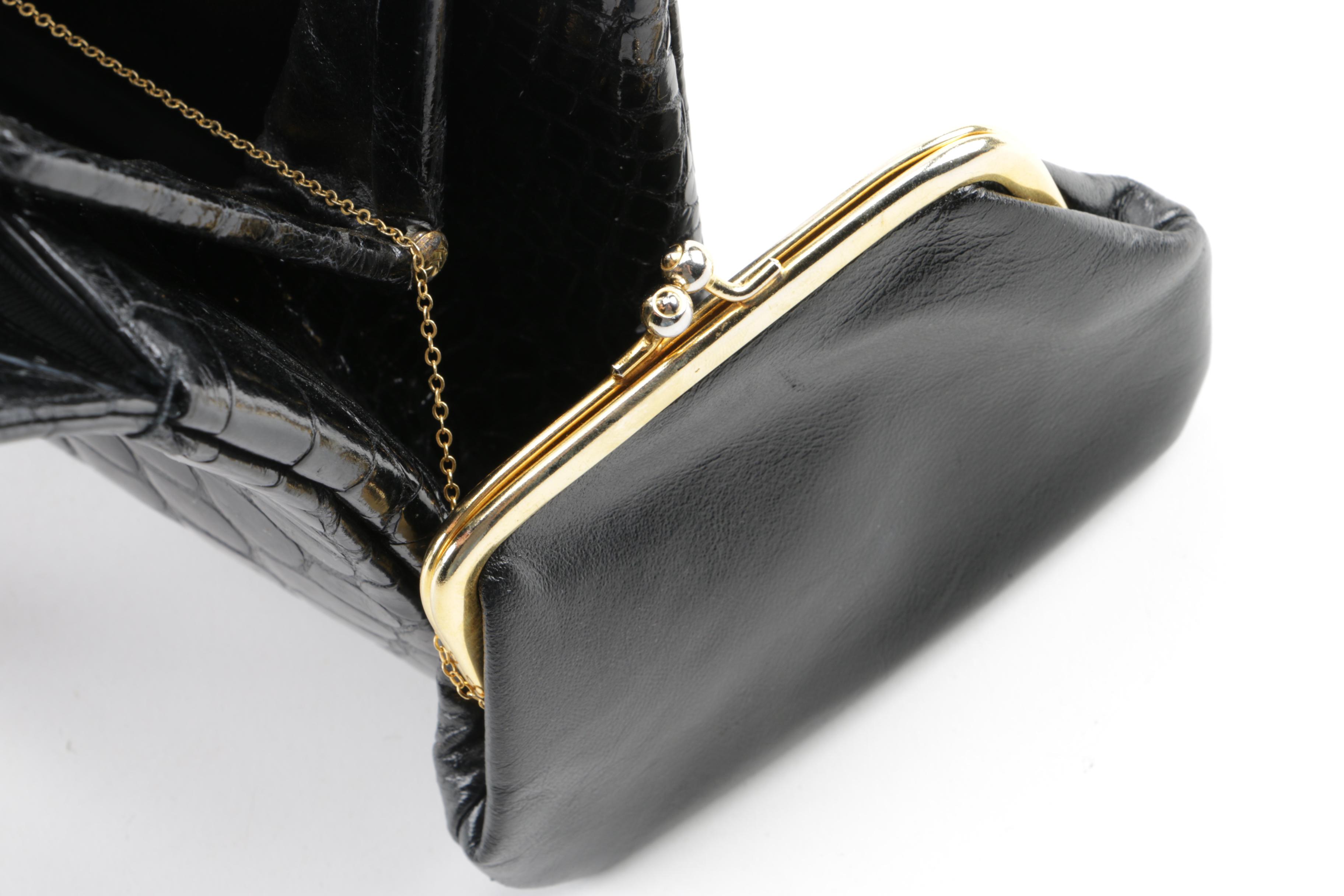 1950s Vintage Koret Black Alligator Skin Handbag and Leather Coin Purse
