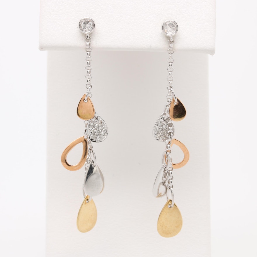 14K Tri Color Gold Diamond Dangle Earrings