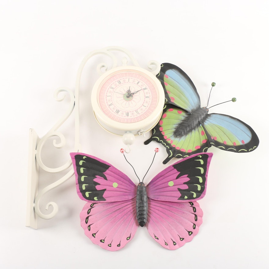 Double-Sided Wall Clock and Metal Butterfly Wall Decor
