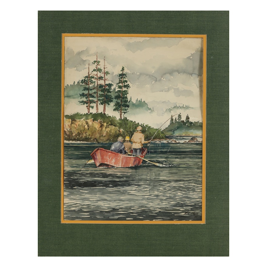 H. C. Wells Watercolor Painting "Three Men in a Boat" or "Fish to the Break"
