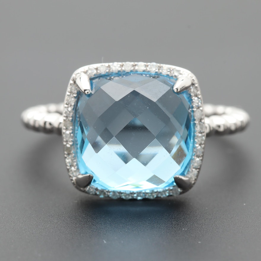 14K White Gold Blue Topaz and Diamond Ring