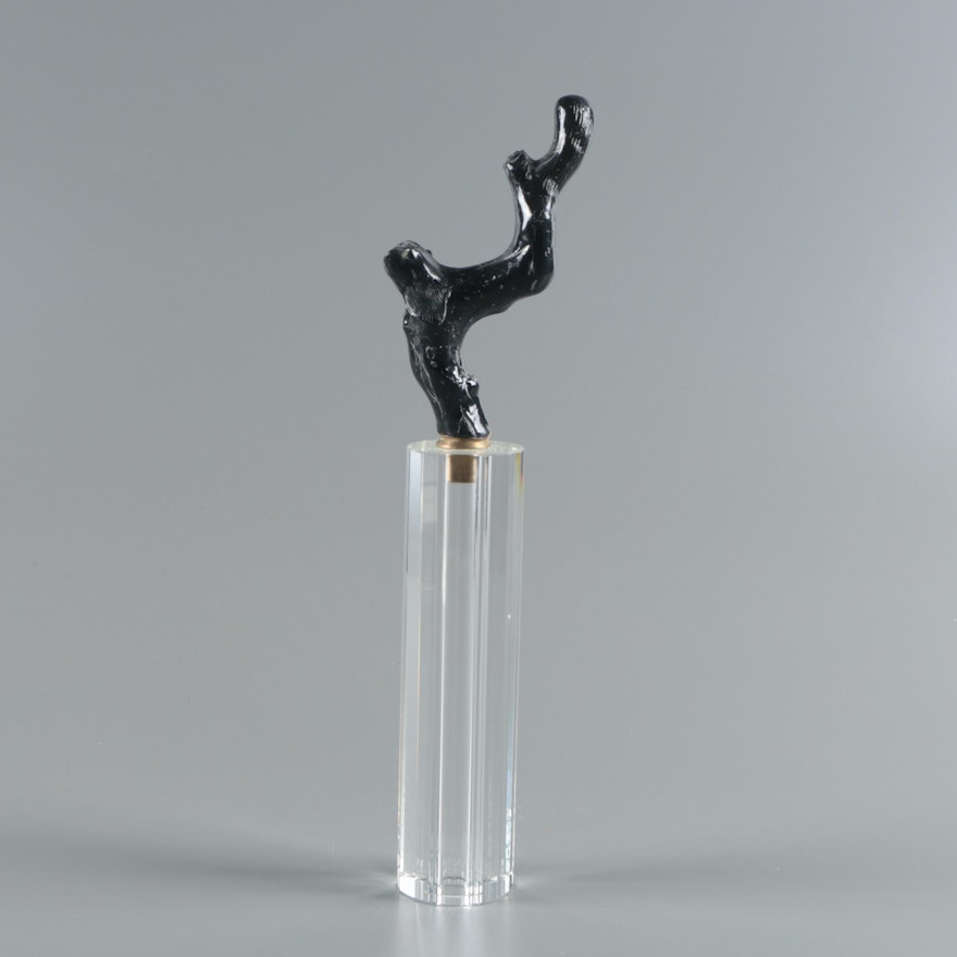 Black Coral Sculpture on Cylindrical Crystal Base