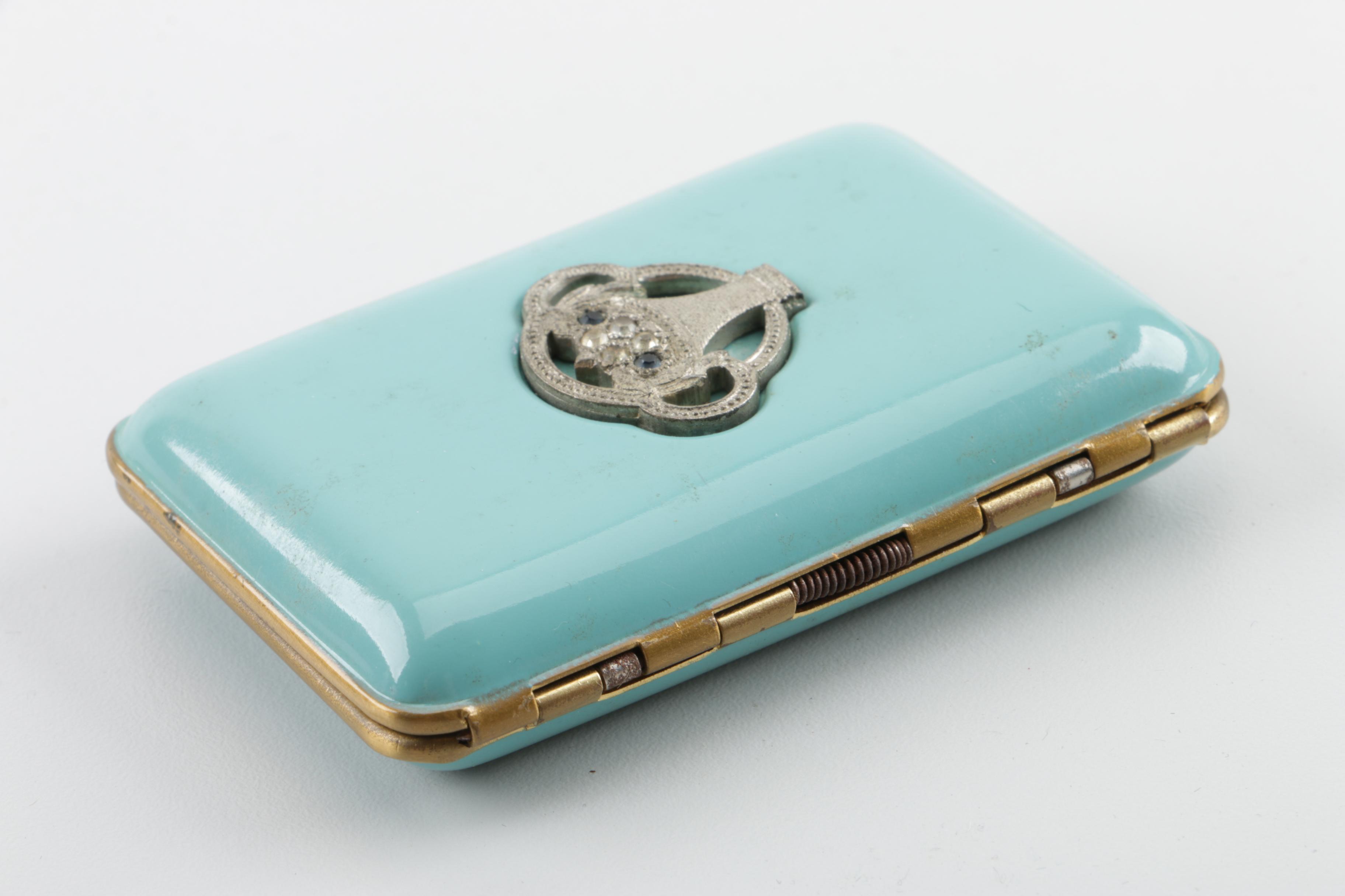1920s Art Deco Mondaine Enameled Makeup Compact with Rhinestones