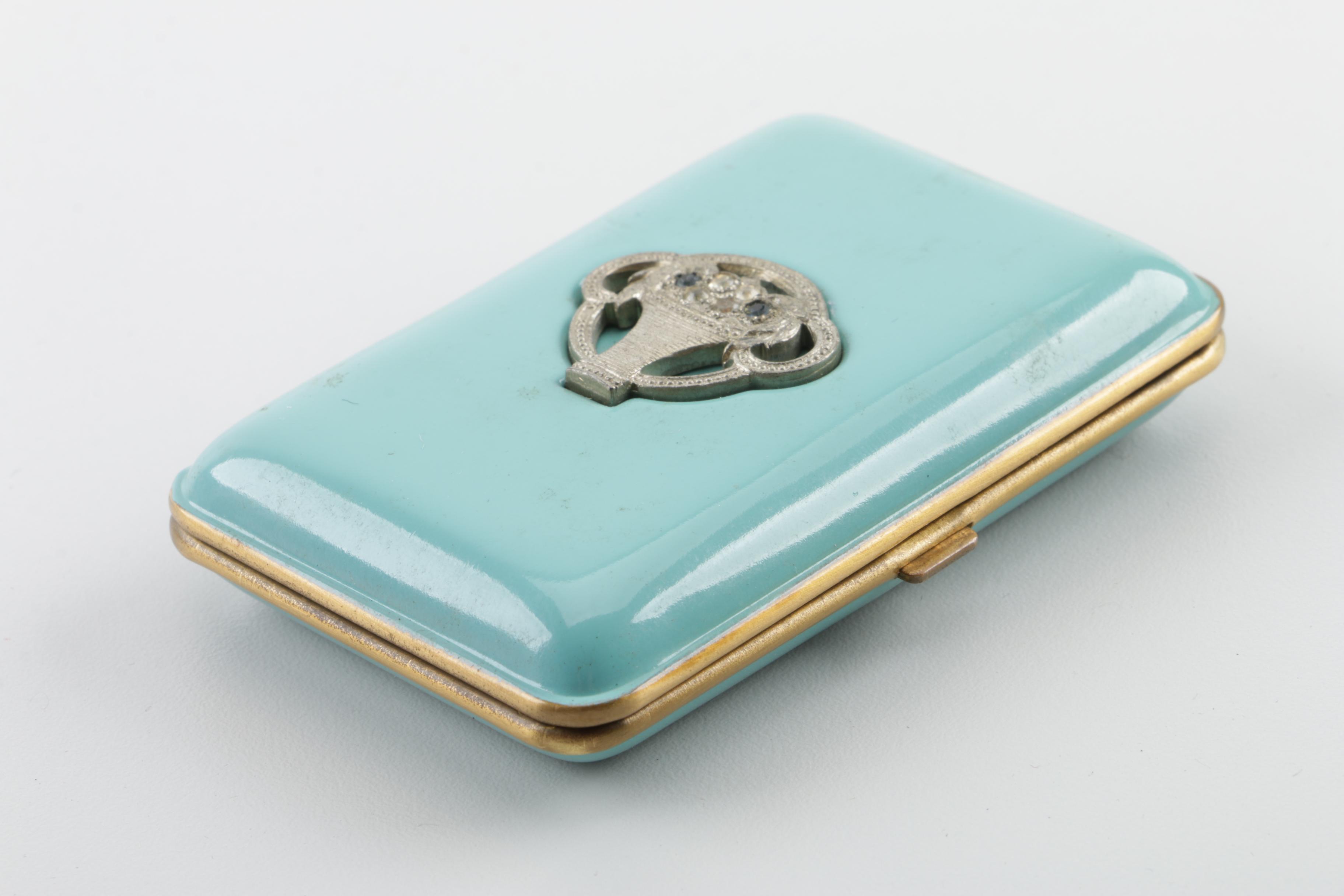 1920s Art Deco Mondaine Enameled Makeup Compact with Rhinestones