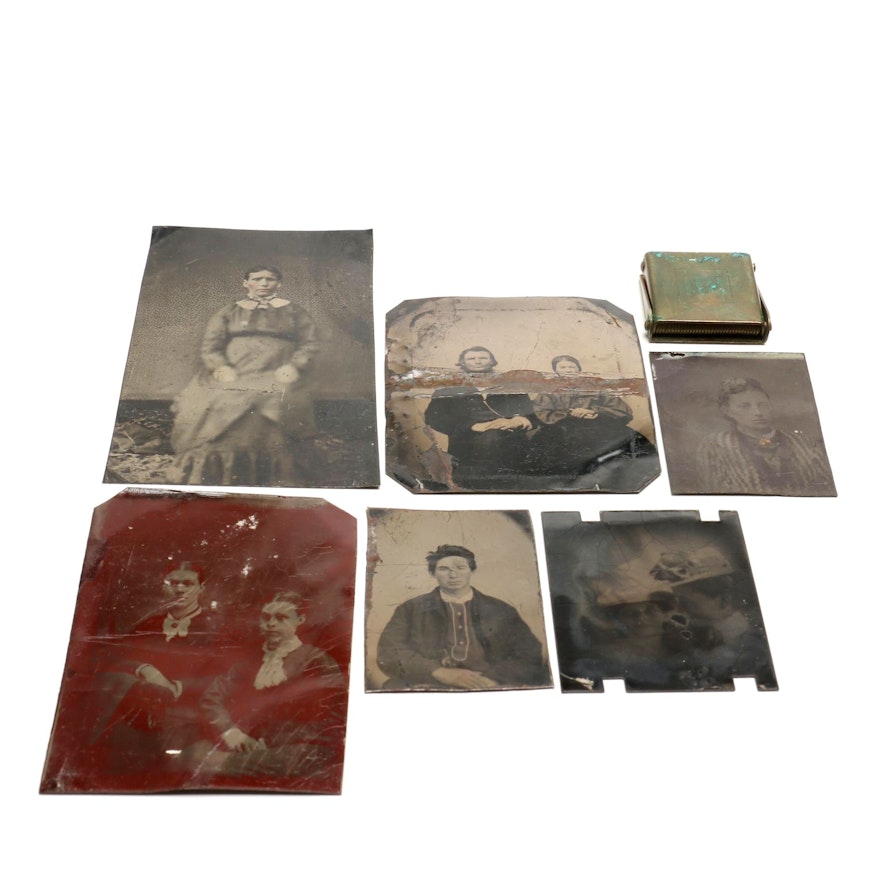Six Antique Tintypes and Small German Magnifying Glass