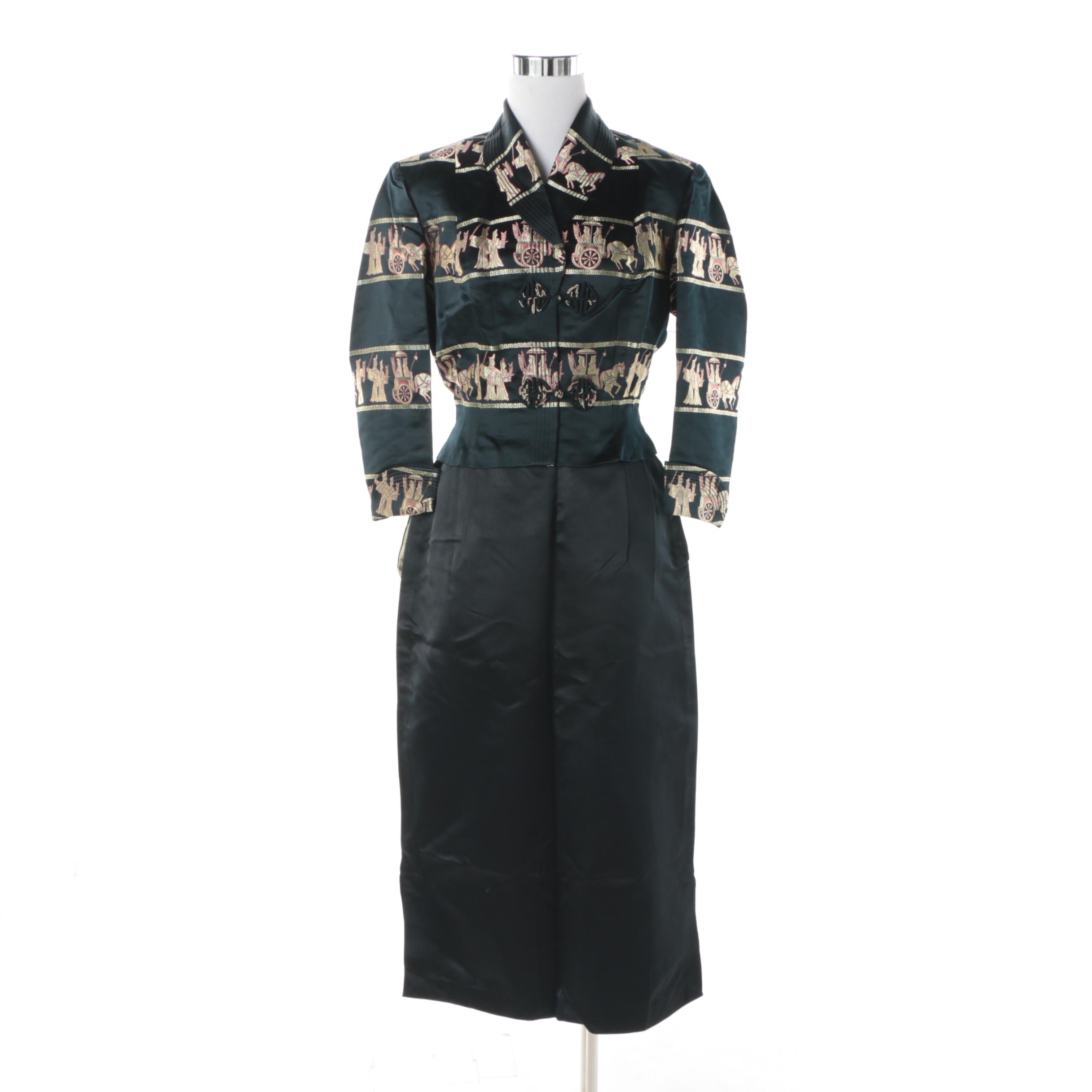 1970s Dynasty Hong Kong Silk Evening Ensemble with Embroidered Procession Scene