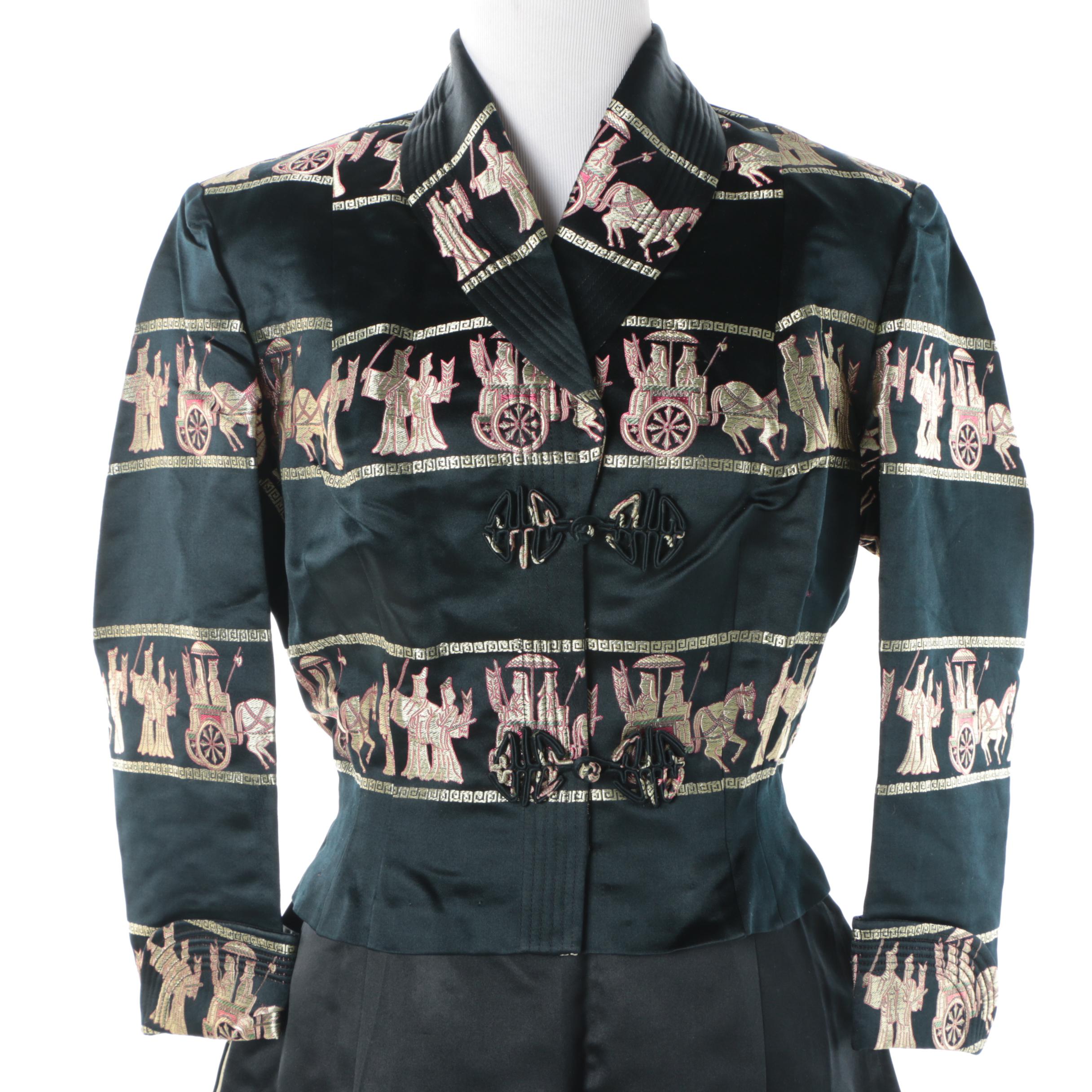 1970s Dynasty Hong Kong Silk Evening Ensemble with Embroidered Procession Scene