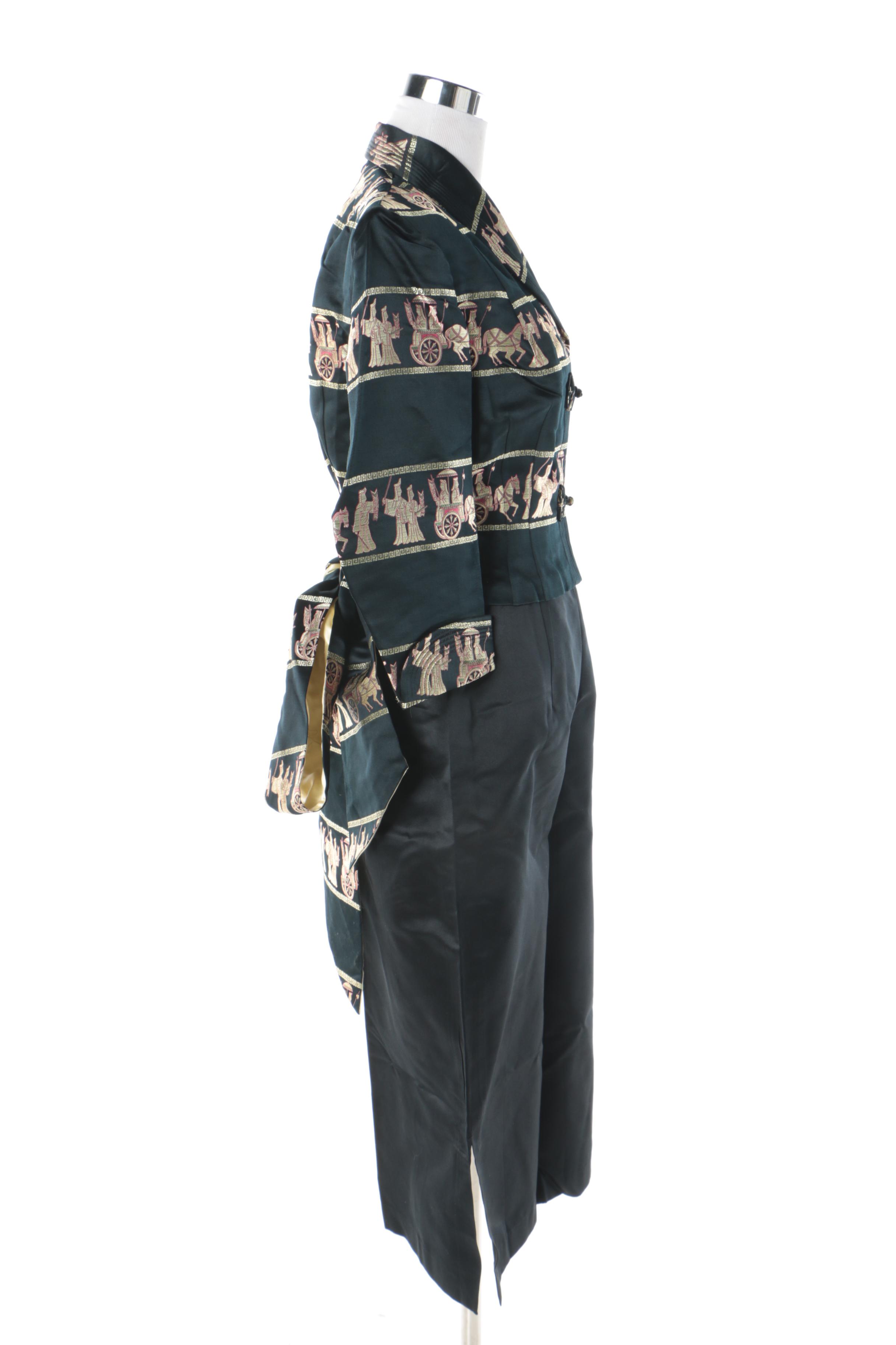 1970s Dynasty Hong Kong Silk Evening Ensemble with Embroidered Procession Scene