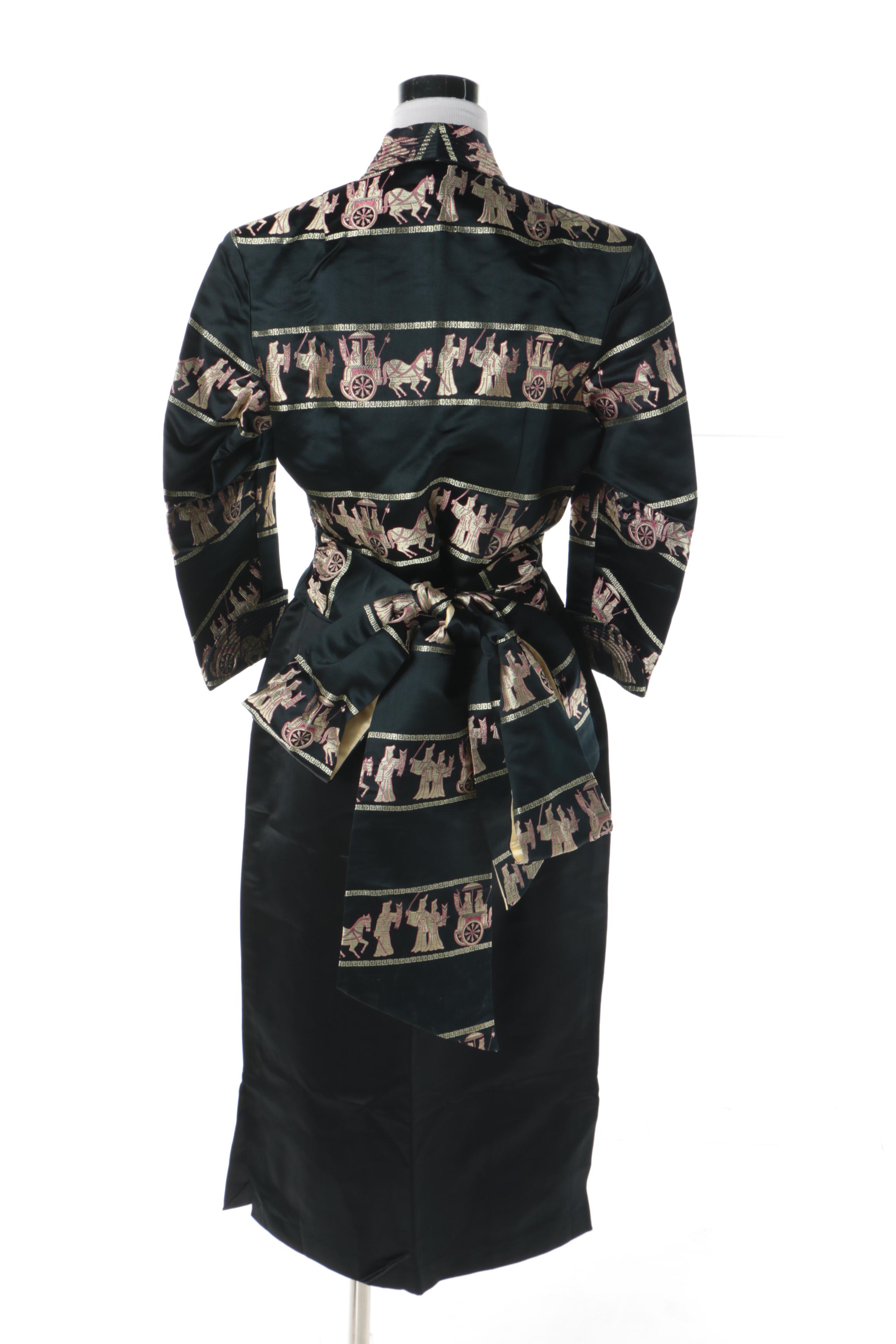 1970s Dynasty Hong Kong Silk Evening Ensemble with Embroidered Procession Scene