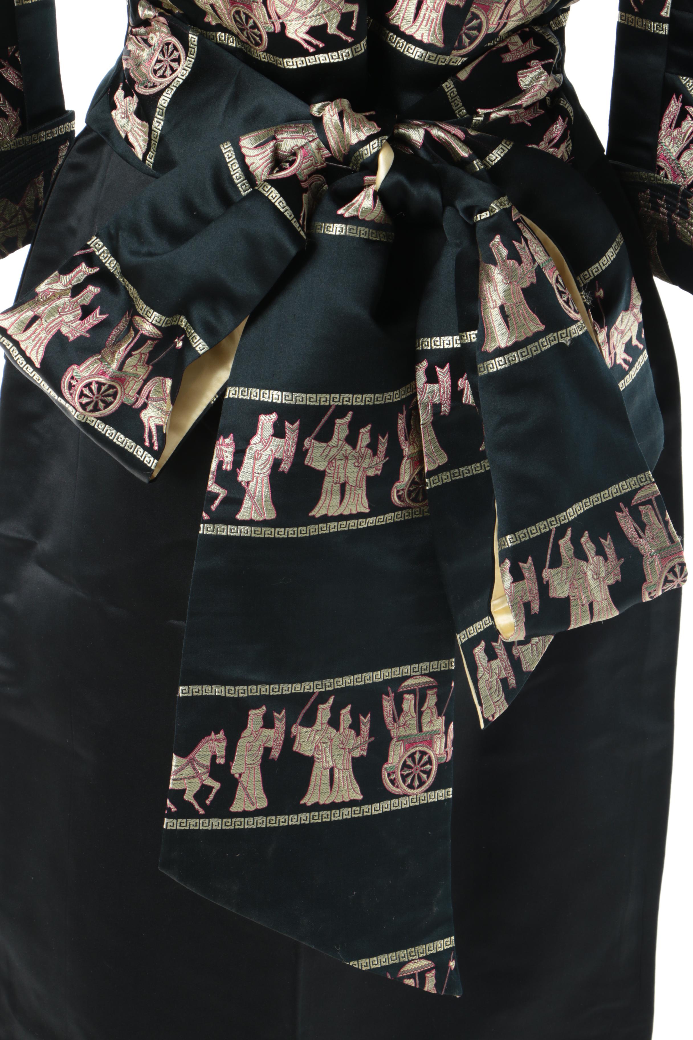 1970s Dynasty Hong Kong Silk Evening Ensemble with Embroidered Procession Scene