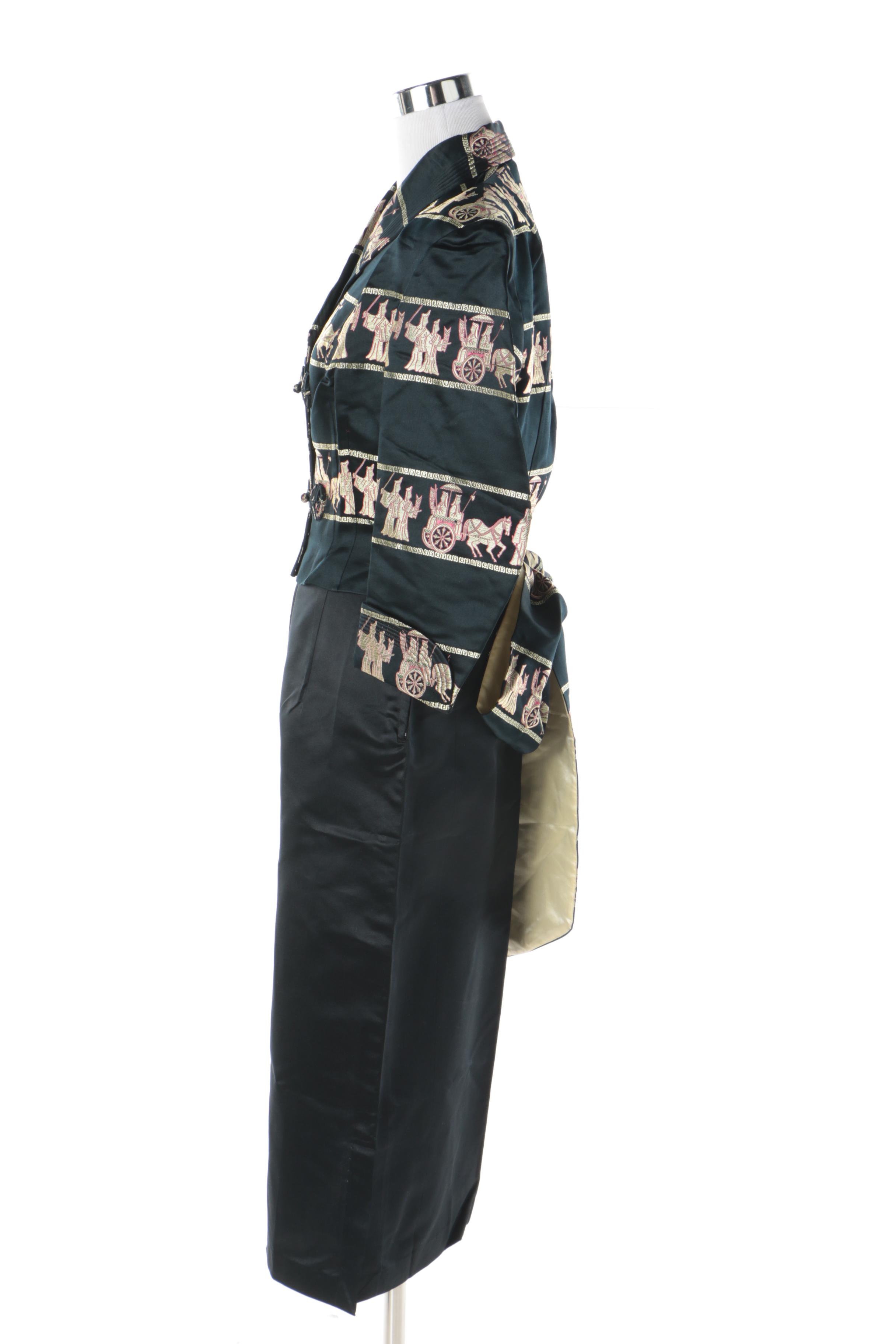 1970s Dynasty Hong Kong Silk Evening Ensemble with Embroidered Procession Scene
