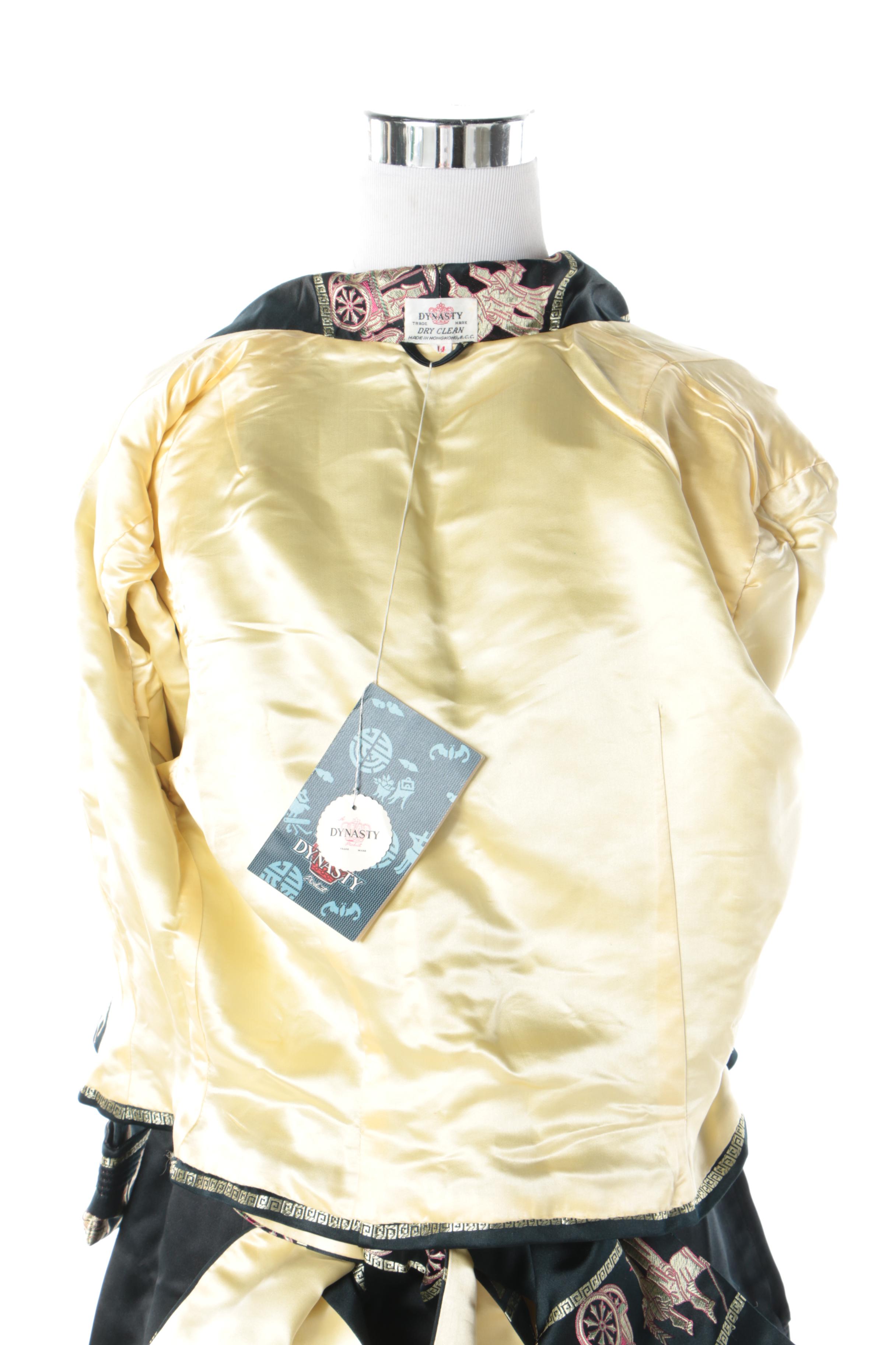 1970s Dynasty Hong Kong Silk Evening Ensemble with Embroidered Procession Scene