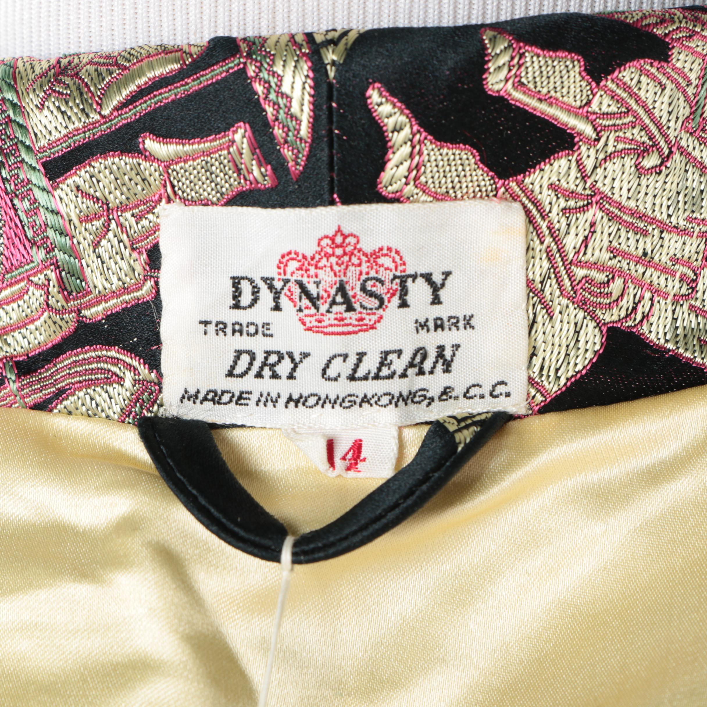 1970s Dynasty Hong Kong Silk Evening Ensemble with Embroidered Procession Scene