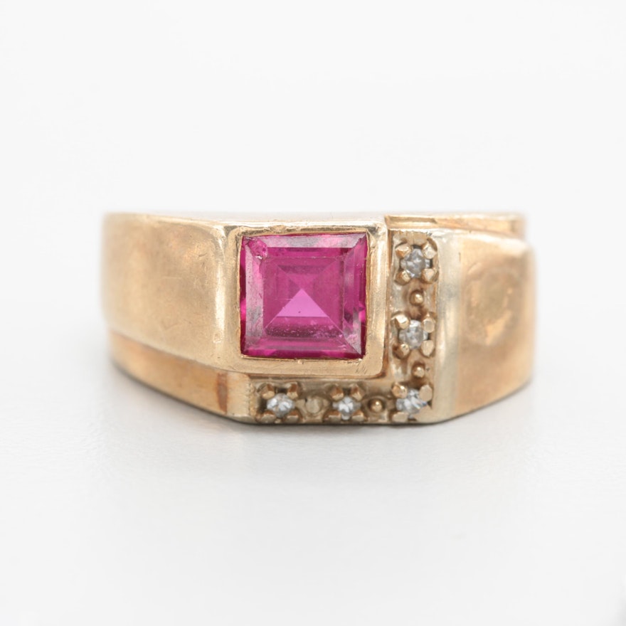 10K Yellow Gold Synthetic Ruby and Diamond Ring