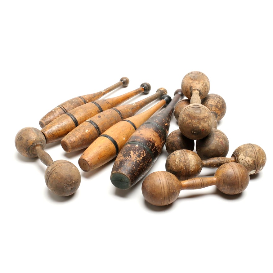 Vintage Turned Wooden Barbell Dumbbells and Club Pins