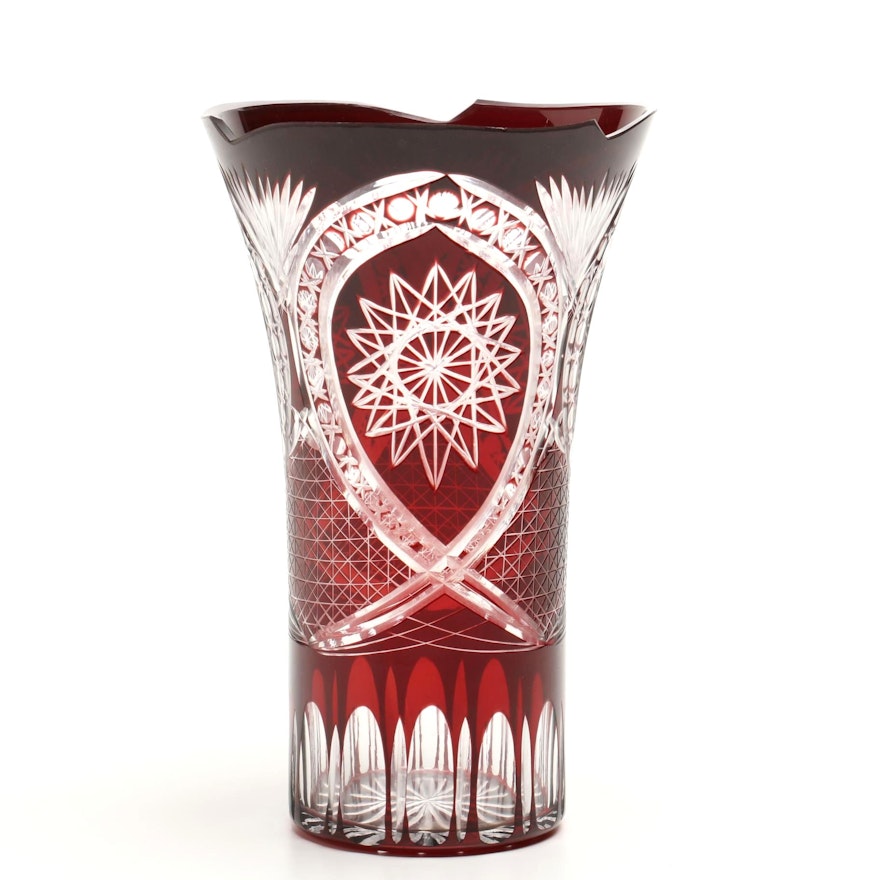 Bohemian Style Ruby Crystal Cut to Clear Vase