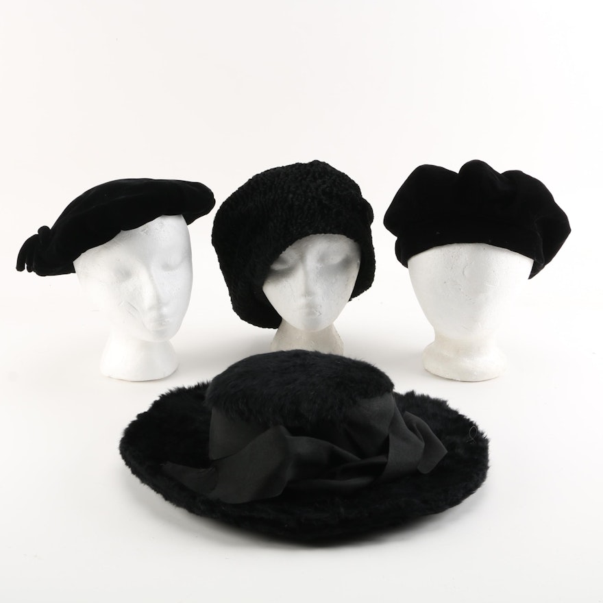 Women's Black Velveteen and Fur Felt Hats Including Madge Evans