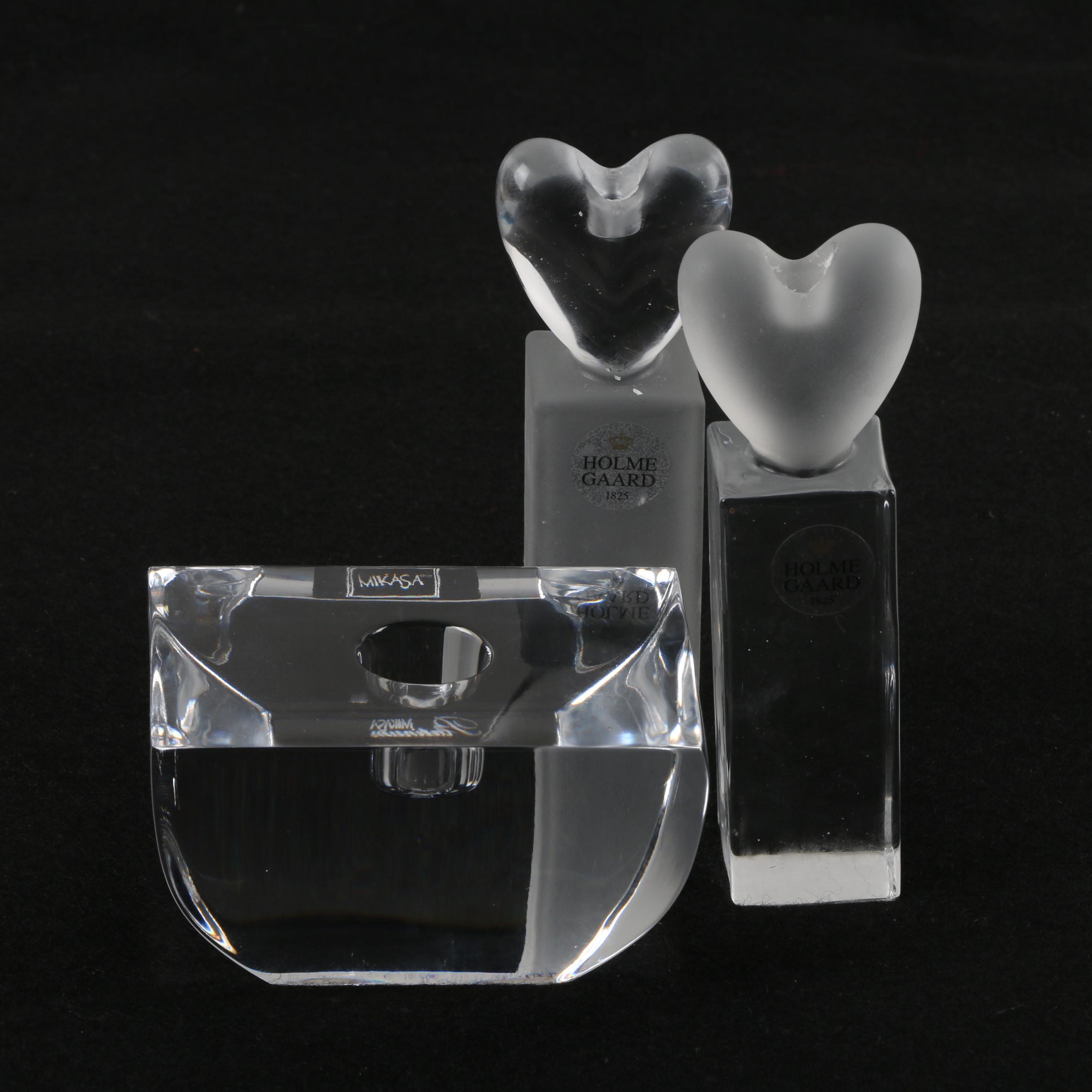 Holmegaard "Heart" Glass and Mikasa "Prism" Crystal Candlesticks