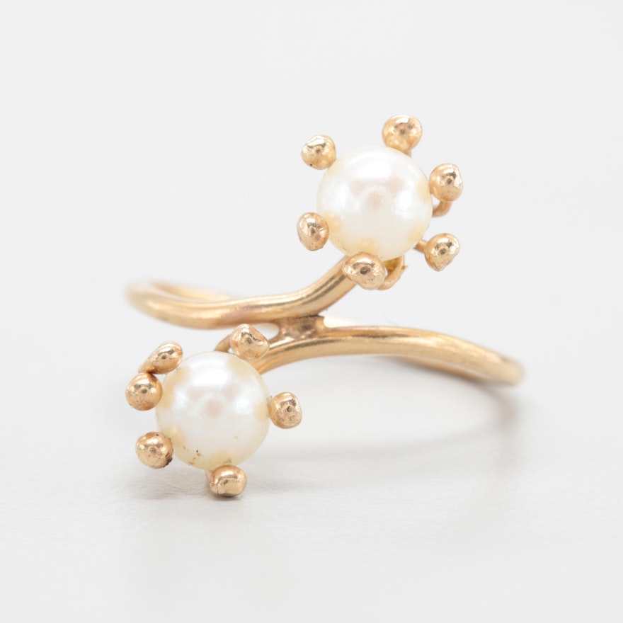 14K Yellow Gold Cultured Pearl Bypass Ring