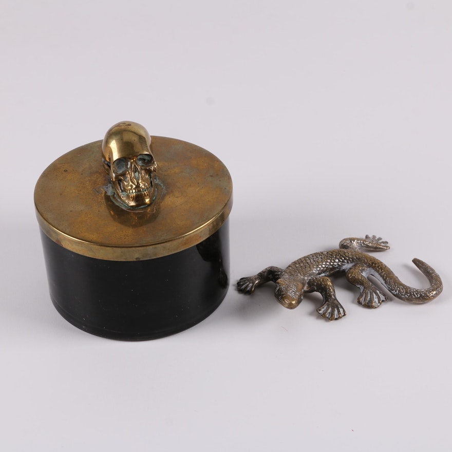 Brass Lizard Paperweight and Black Candle with Metal Skull Lid