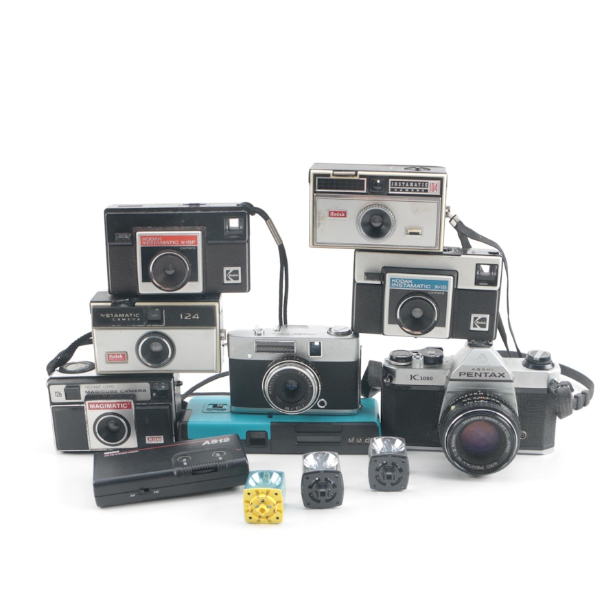 Vintage Pocket Radio, Instamatic and 35mm Cameras