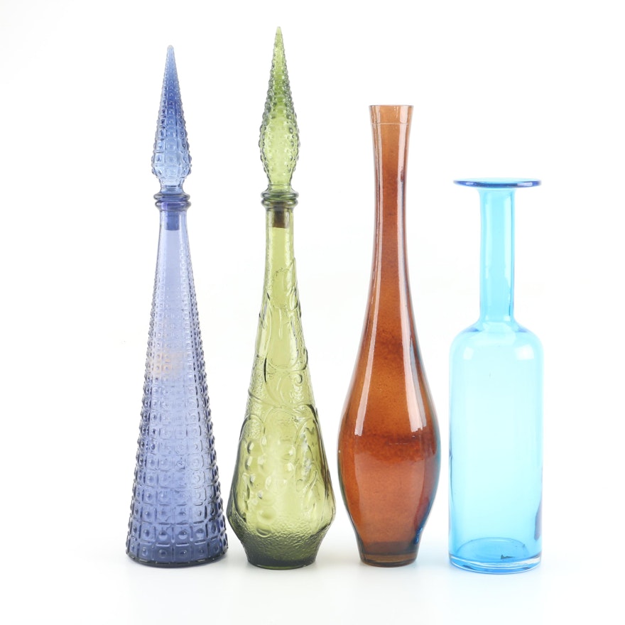 Large Mid Century Decorative Glass Bottles Including Empoli Style