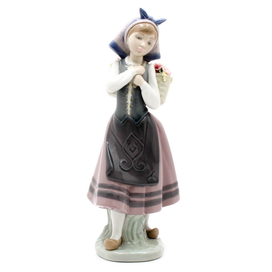 Lladró Hand-Painted Porcelain Figurine of Girl with Flower Basket