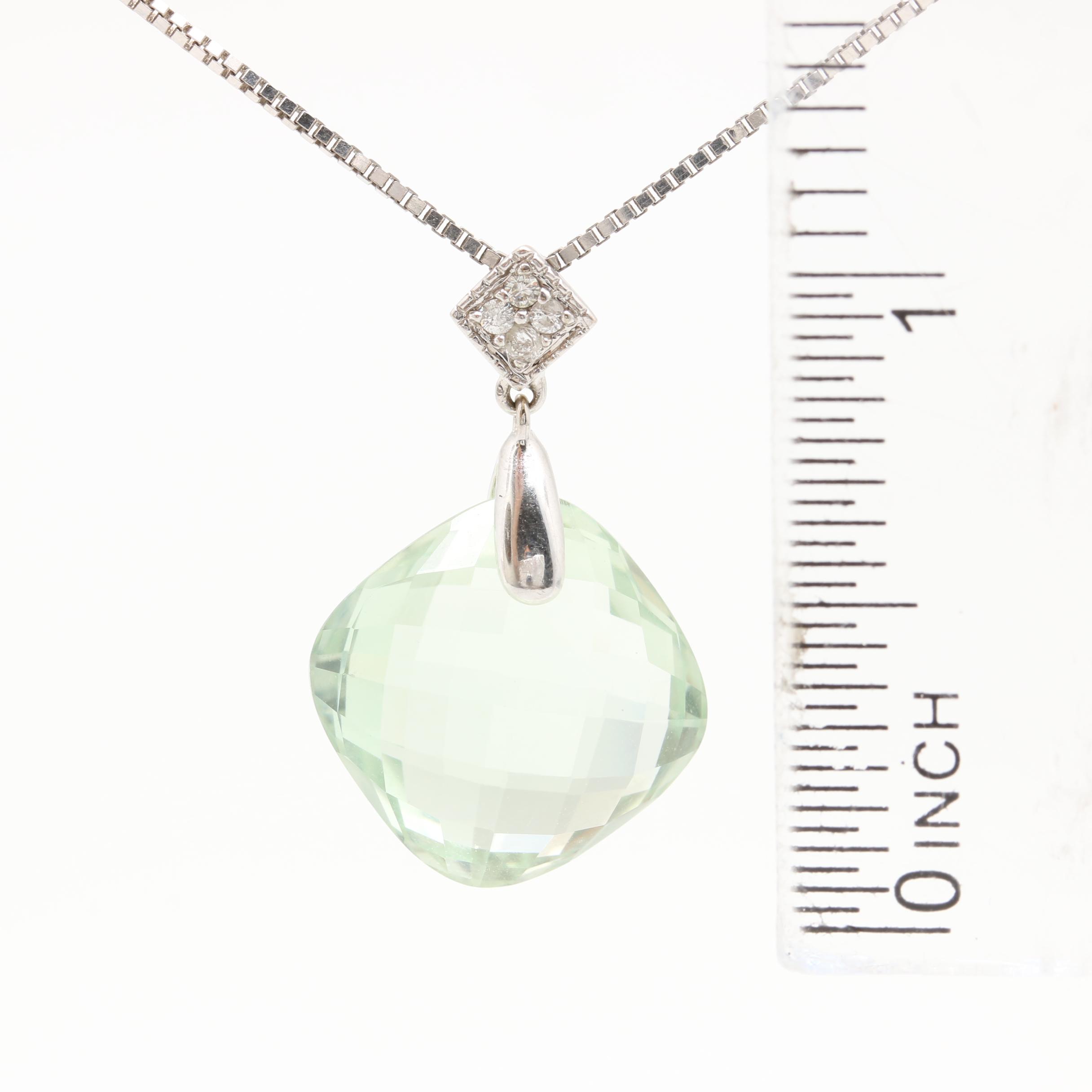 14K White Gold Praseolite and Diamond Pendant Necklace