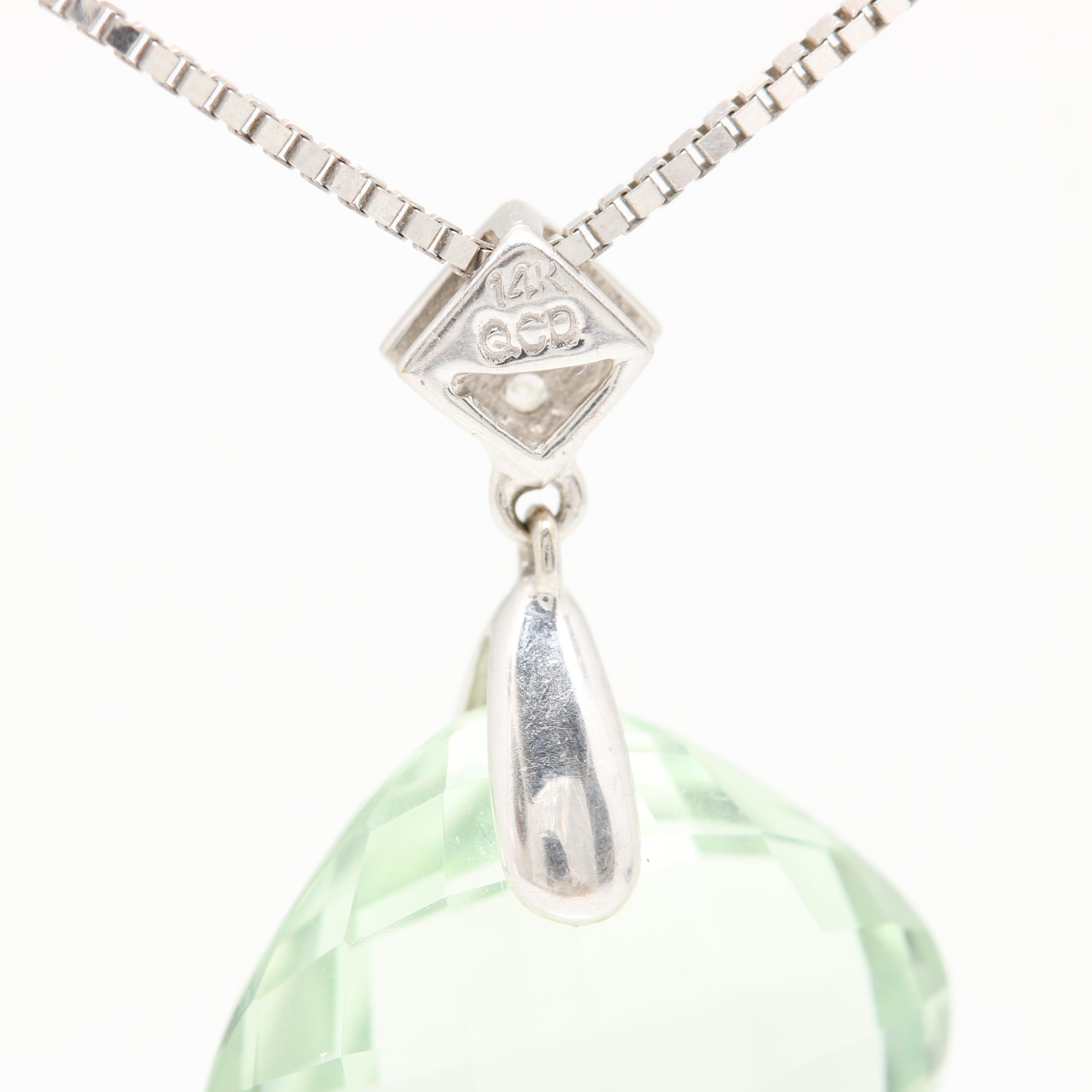 14K White Gold Praseolite and Diamond Pendant Necklace