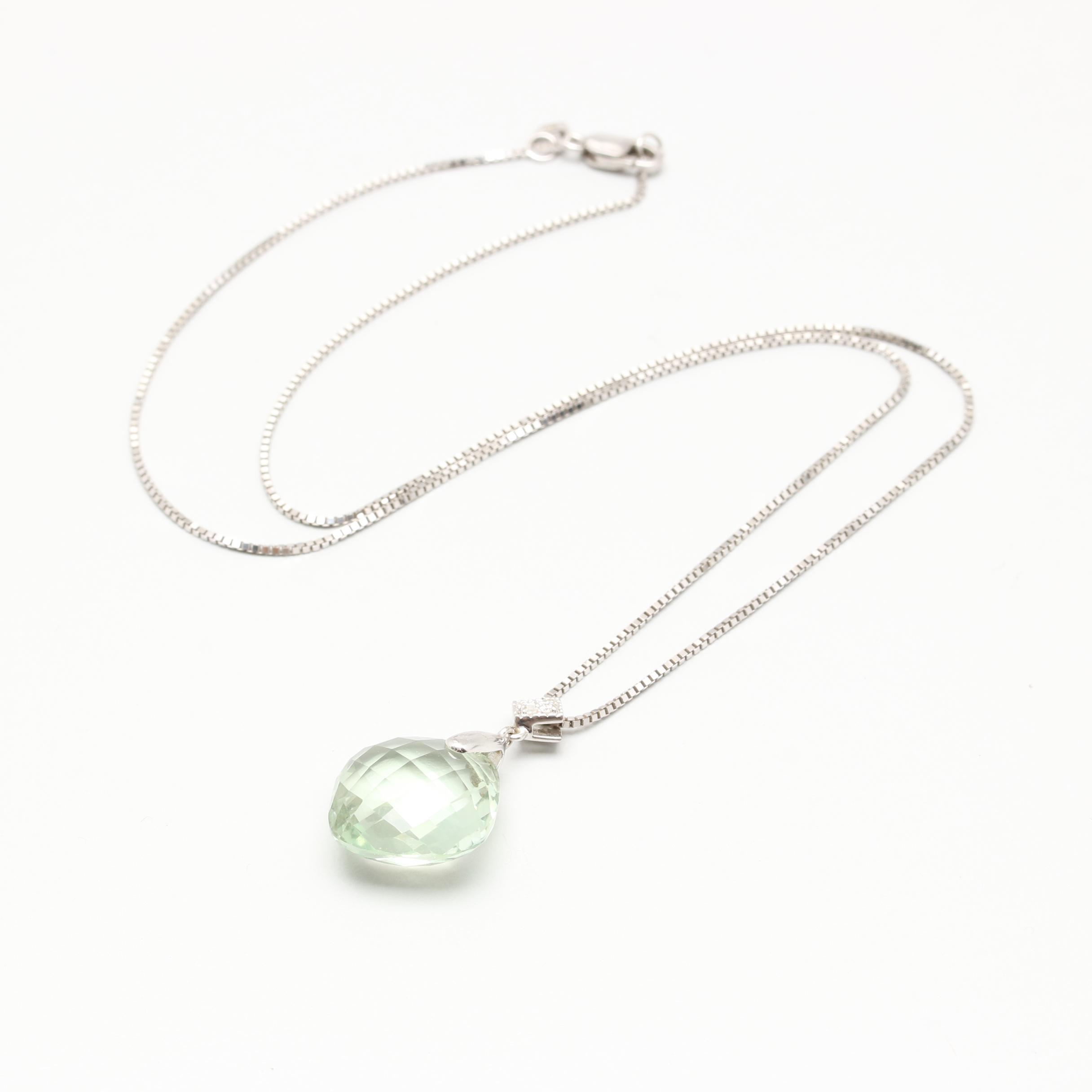 14K White Gold Praseolite and Diamond Pendant Necklace