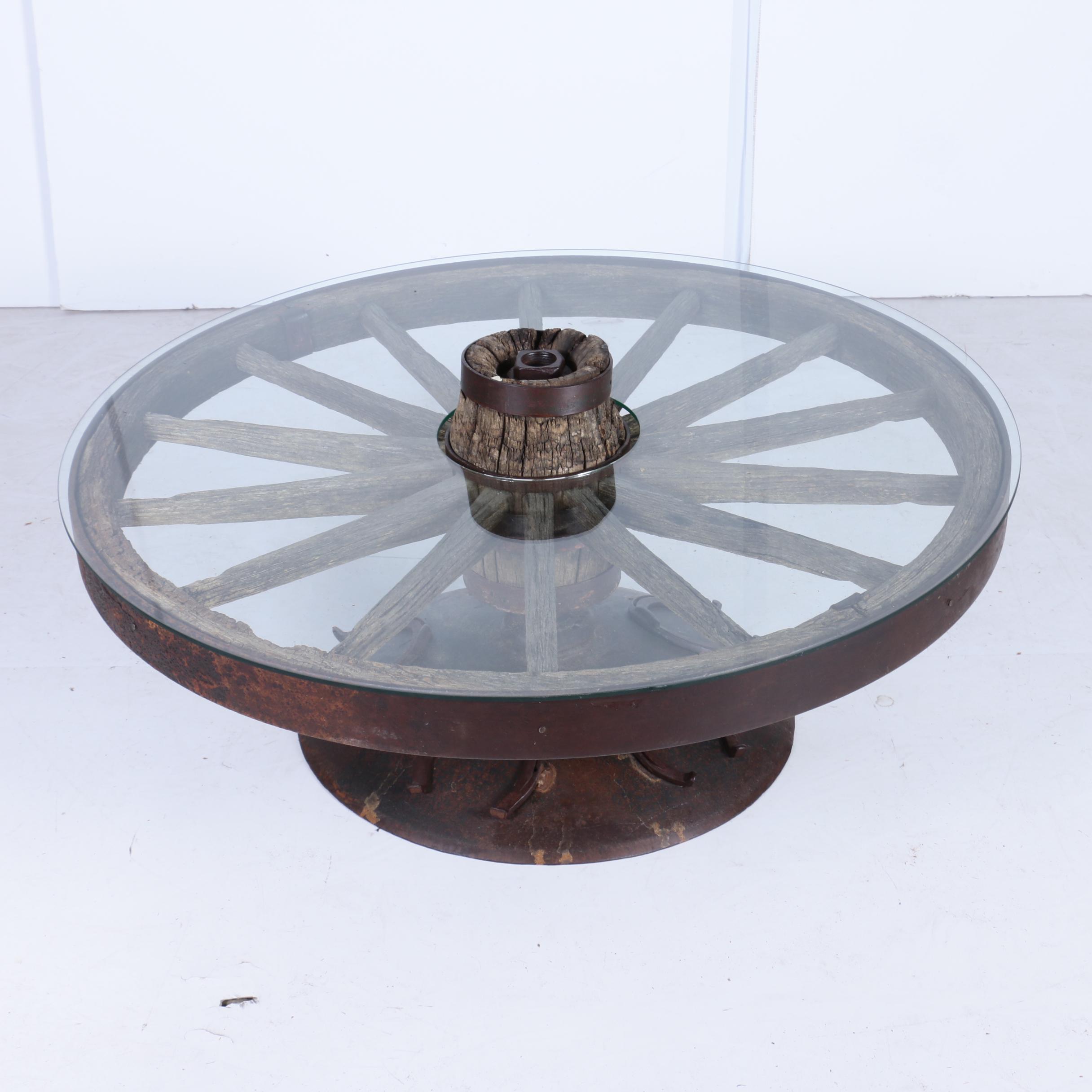 Custom-Made Coffee Table with Glass Top and Antique Iron and Wood Wagon Wheel